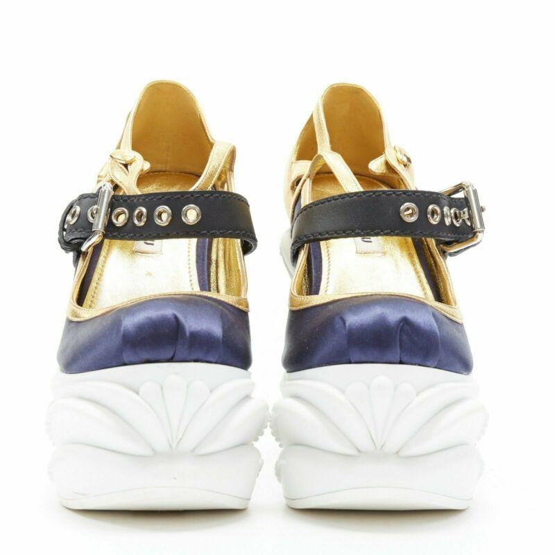 Gray rare MIU MIU blue satin gold trim punk strap Barocco platform wedge EU34 For Sale