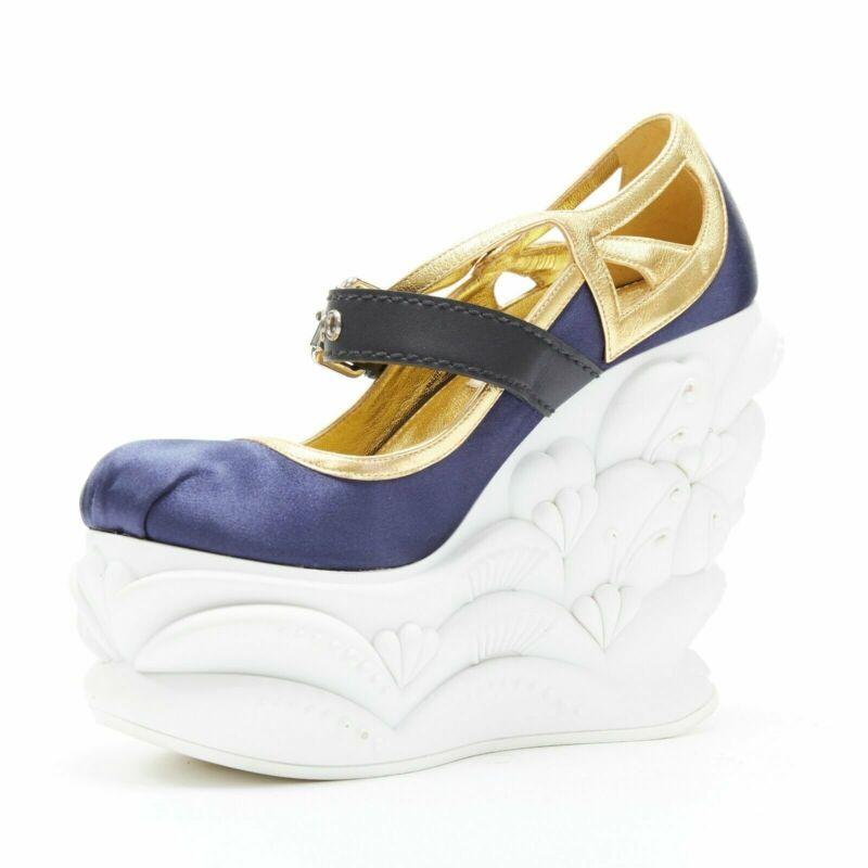 rare MIU MIU blue satin gold trim punk strap Barocco platform wedge EU34 In Good Condition For Sale In Hong Kong, NT