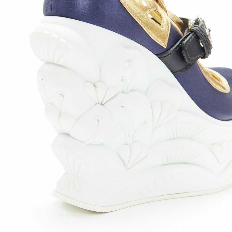 rare MIU MIU blue satin gold trim punk strap Barocco platform wedge EU34 For Sale 1