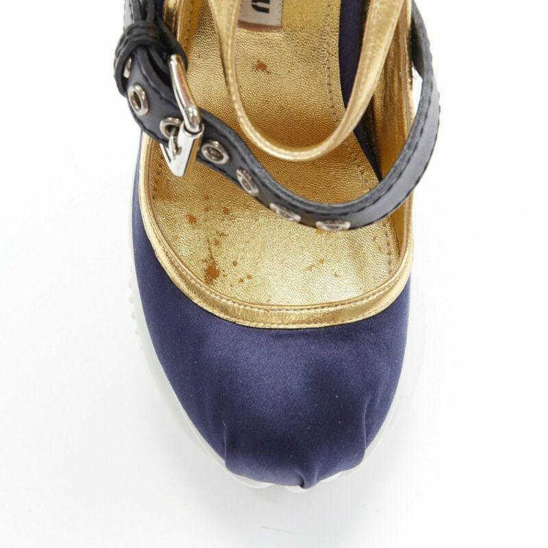 rare MIU MIU blue satin gold trim punk strap Barocco platform wedge EU34 For Sale 2