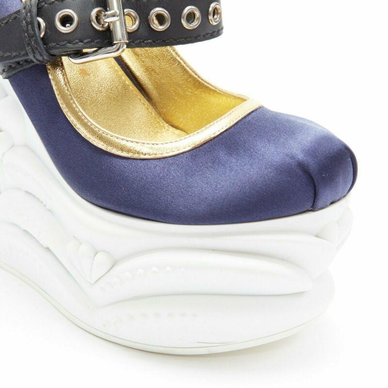 rare MIU MIU blue satin gold trim punk strap Barocco platform wedge EU34 For Sale 3