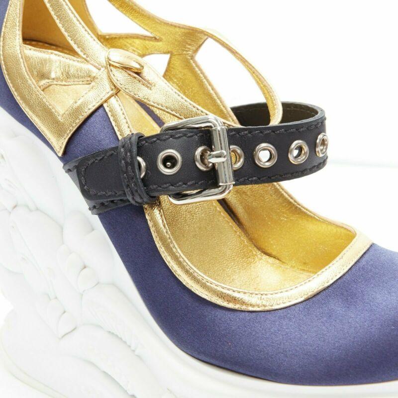 rare MIU MIU blue satin gold trim punk strap Barocco platform wedge EU34 For Sale 4