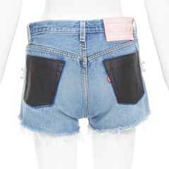 rare MIU MIU LEVI'S 2021 washed denim pearl embellished cut off shorts 25"