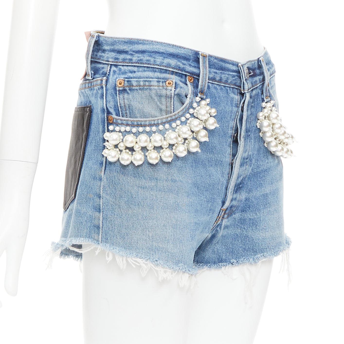 Blue rare MIU MIU LEVI'S 2021 washed denim pearl embellished cut off shorts 25