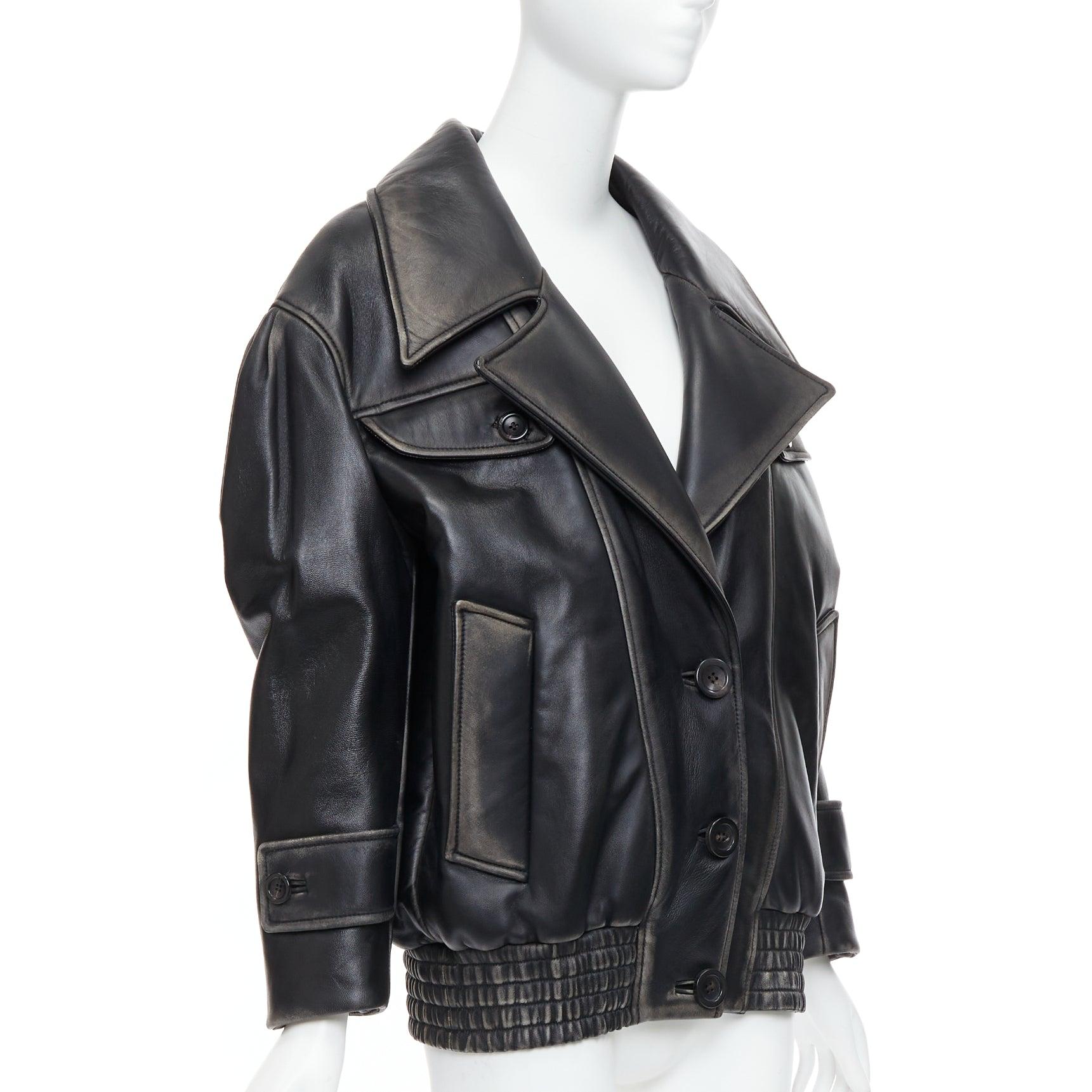 Women's rare MIU MIU Runway 2018 washed vintage leather oversized boxy jacket IT36 XXS