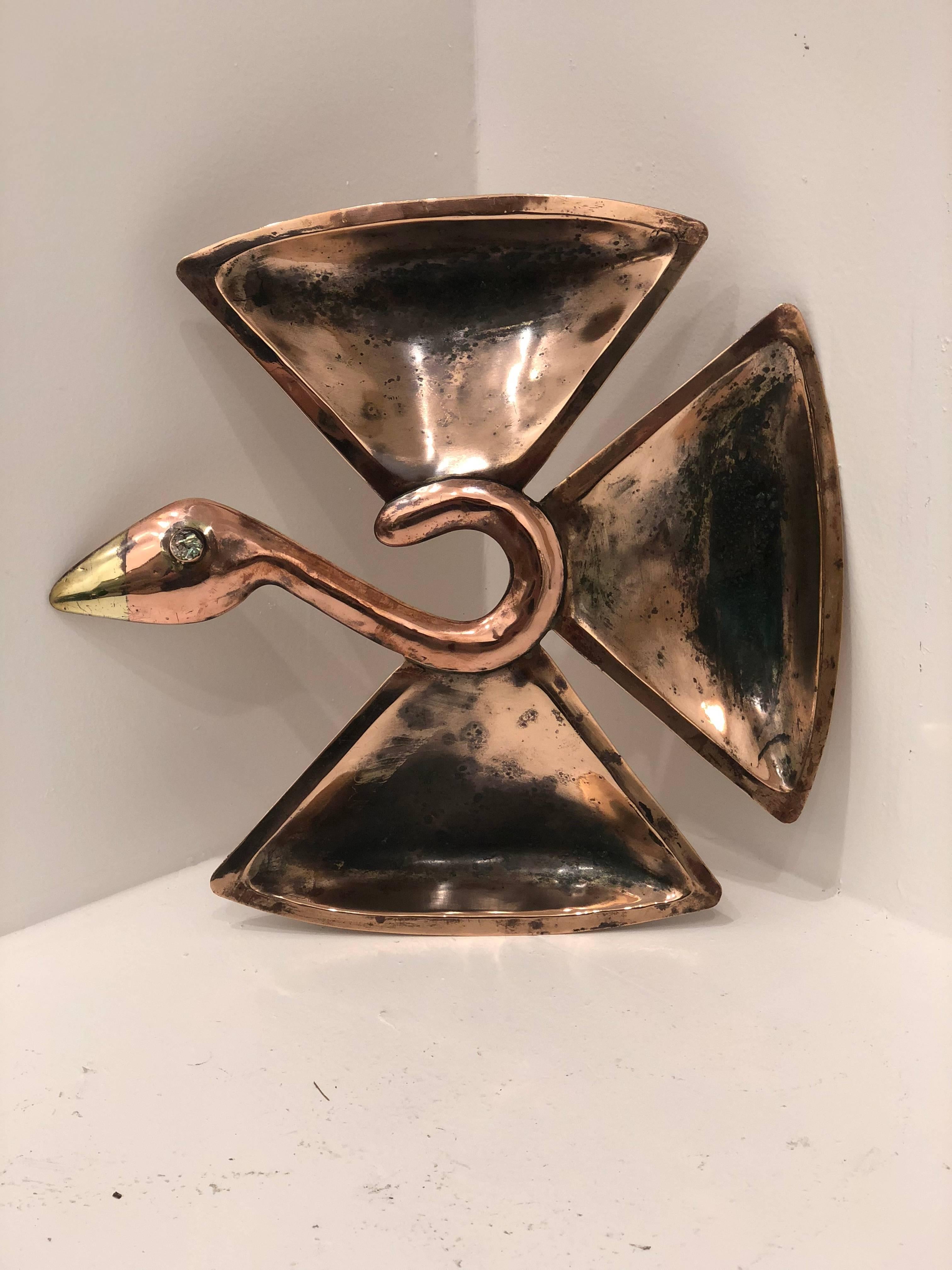 Beautiful and rare midcentury serving tray in copper and brass with abalone shell eye, the tray its signed we polished the piece but left some patina to add character.