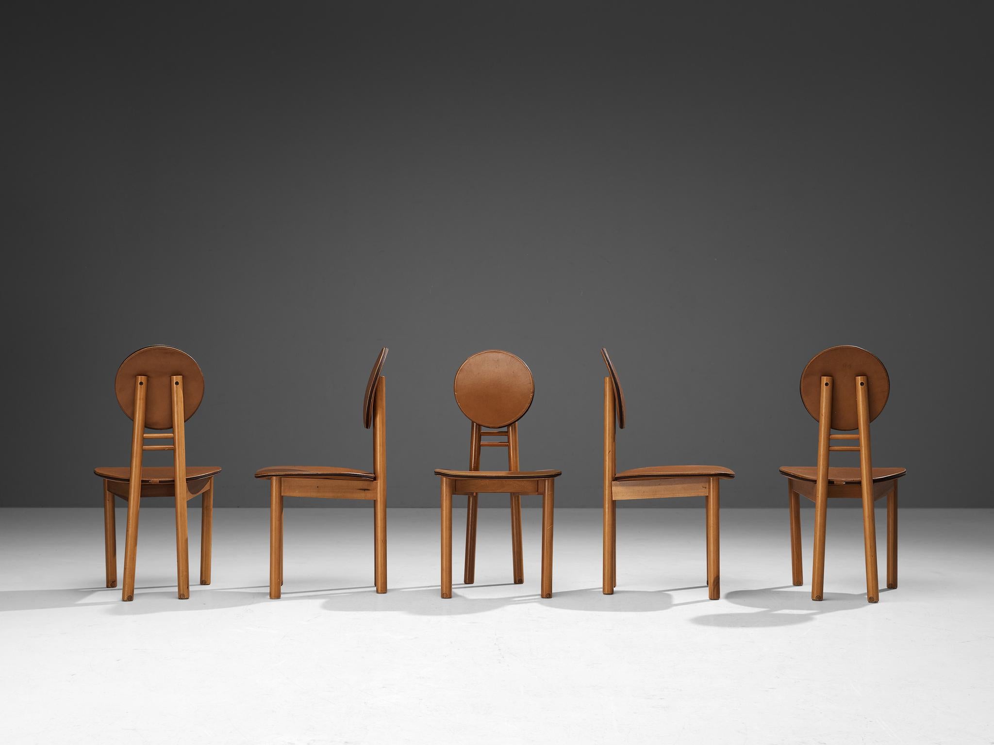 Late 20th Century Rare Mobil Girgi Set of Five Dining Chairs in Walnut and Leather For Sale