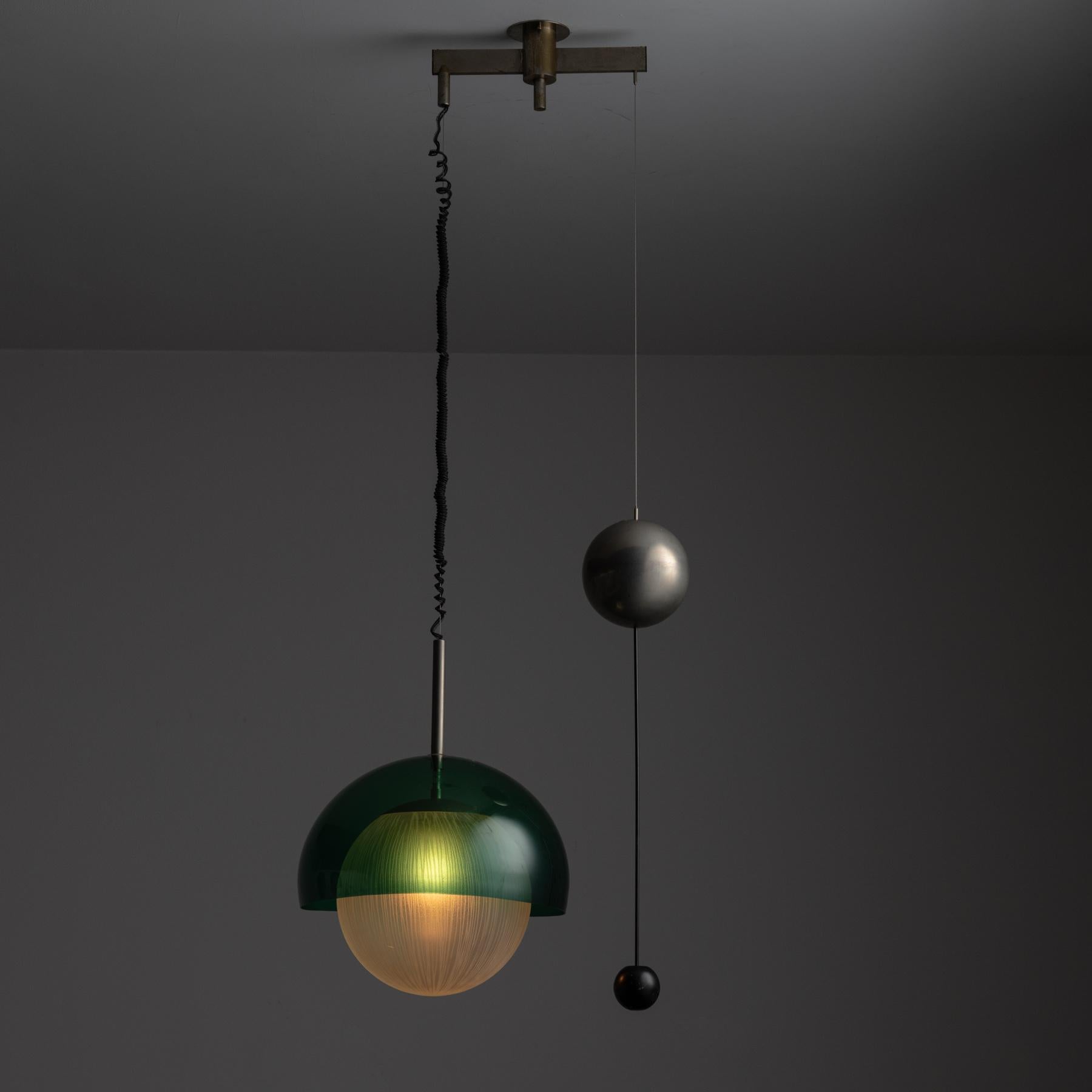 Rare Mod. 12963 Ceiling Light by Angelo Lelii for Arredoluce Monza. Designed and manufactured in Italy, in 1963. A one-of-a-kind suspension light by Lelii. This fixture comprises of a half dome translucent green shade made from formed acrylic.