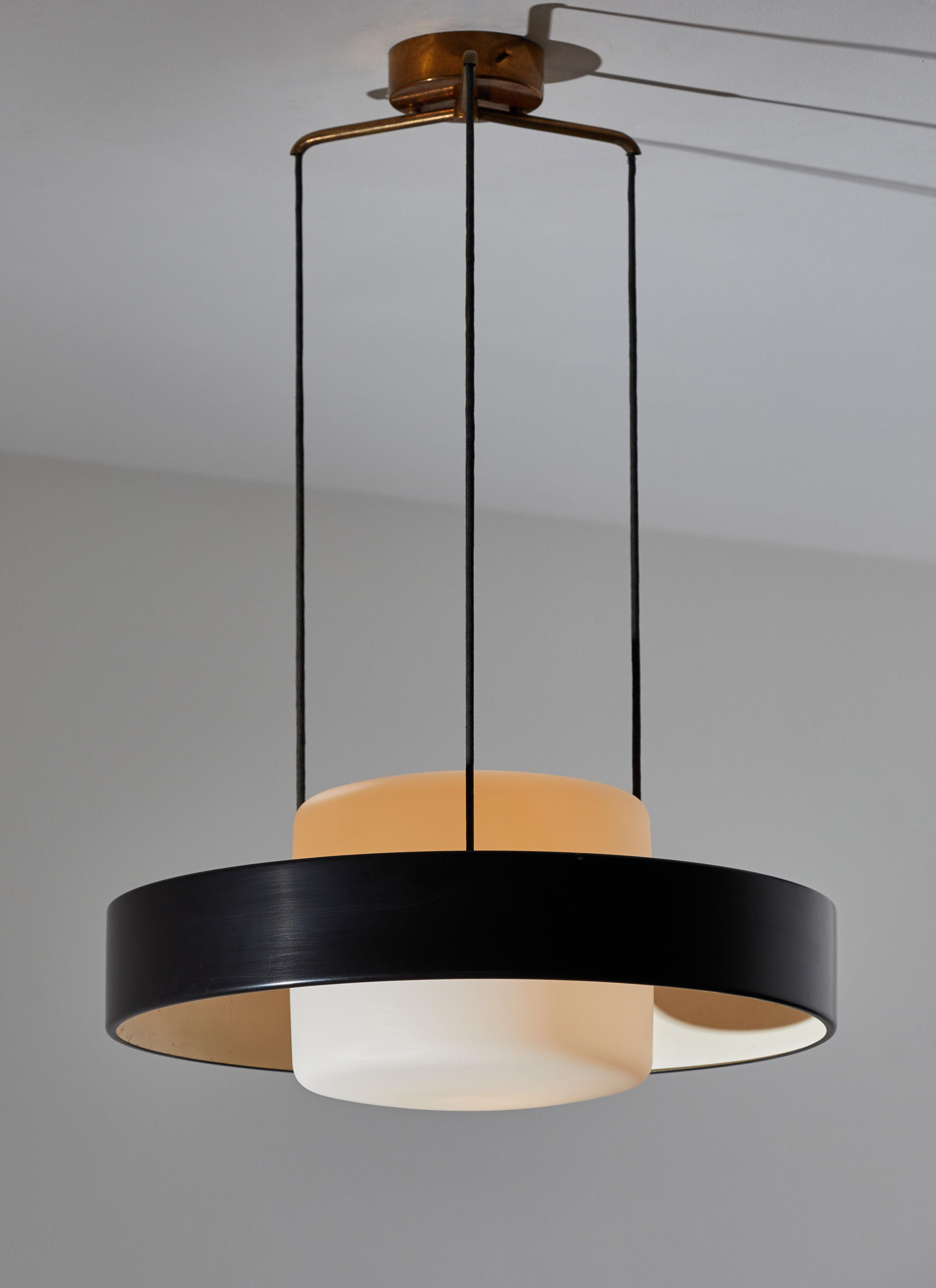 Rare model 1158 suspension light by Bruno Gatta for Stilnovo. Designed and manufactured in Italy, circa 1960s. Enameled metal with brushed satin glass diffuser. Rewired for U.S. junction boxes. Original brass ceiling and hardware. Takes one E27 100w