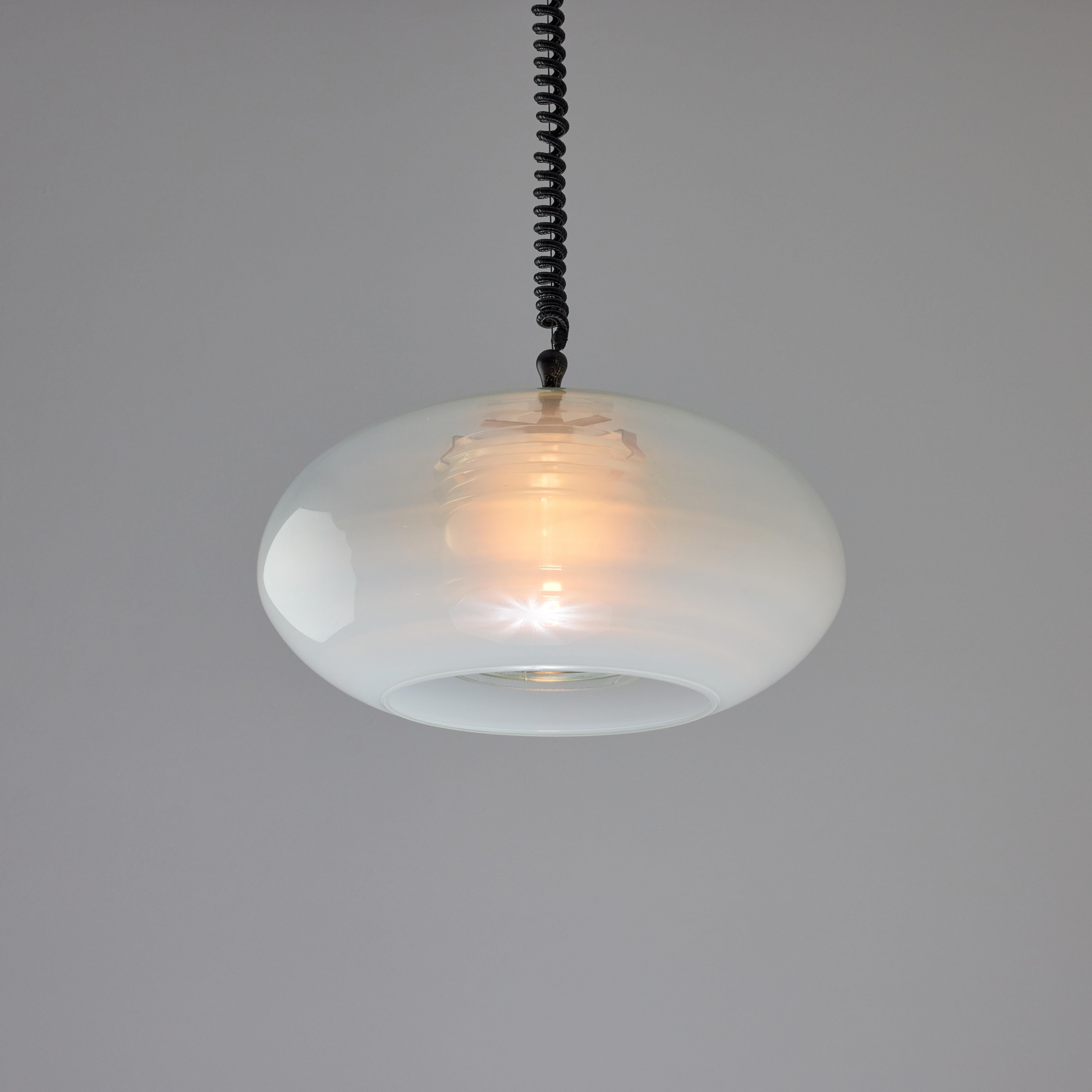 Model 2119 Ceiling Light by Gino Sarfatti for Oluce (IT, 1961). 

Murano glass outer glass bowl paired with an inner fresnel shaped glass diffuser. Outer glass offers a gradient fade from milk to clear as you work upwards from the bottom. Pigtail
