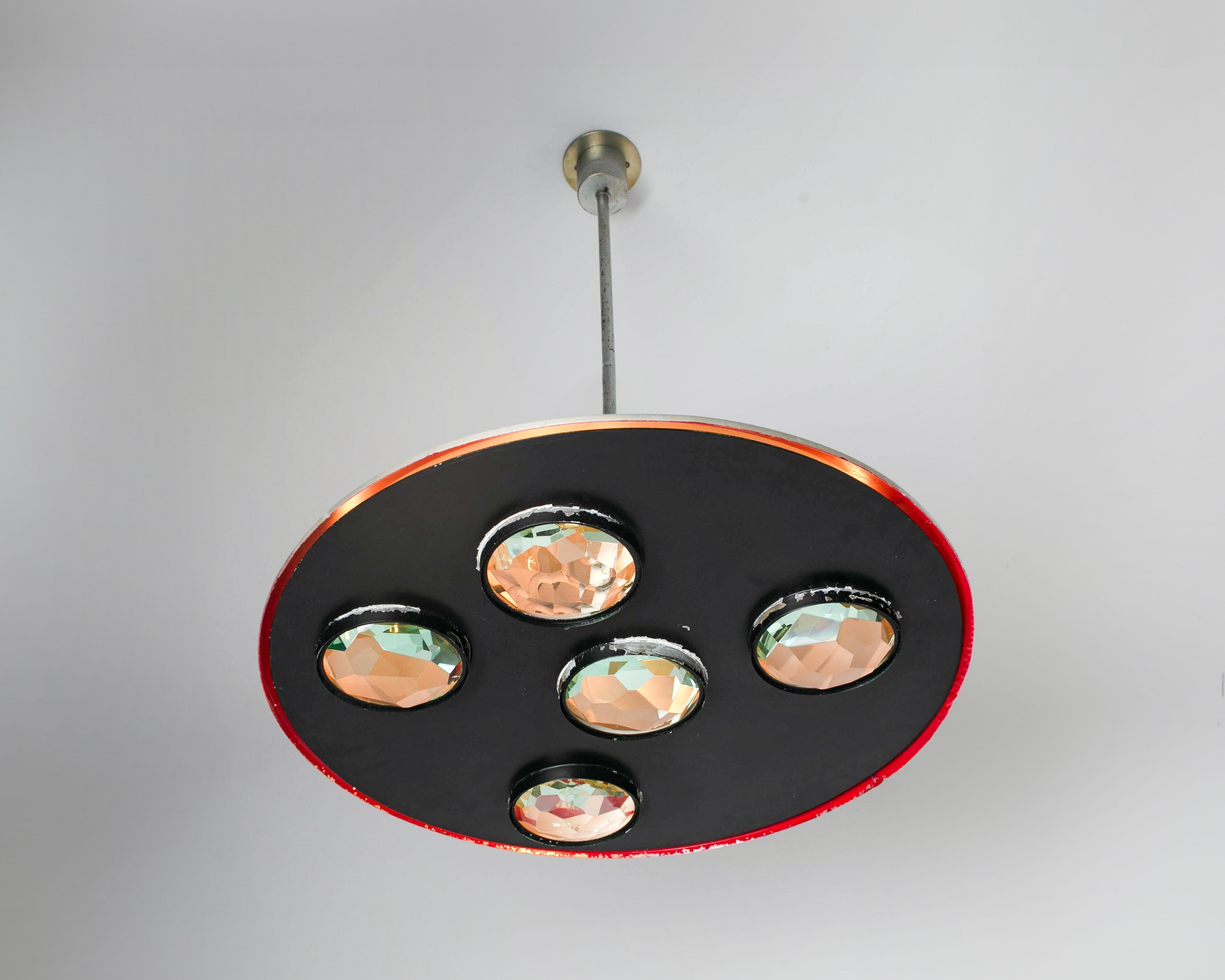 Model 2132 Ceiling Light by Max Ingrand for Fontana Arte. Designed and manufactured in Italy, 1962. Large saucer style pendant with a steel and aluminum body, holding five individual cut outs, housing five Fontana Arte teal glass gems. The finish of