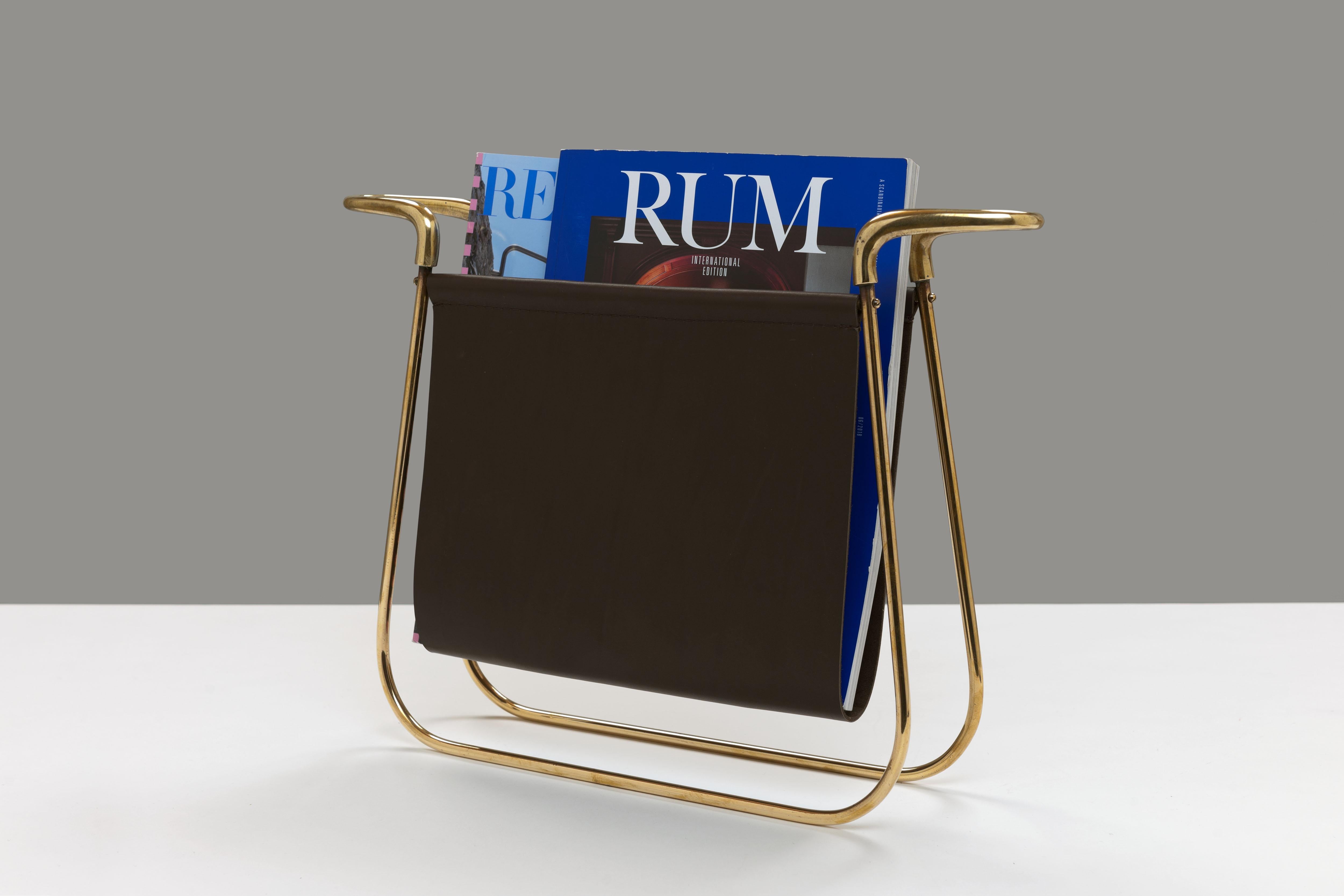 Rare Model 3608 Brass & Leather Magazine Stand by Carl Aubock, Austria For Sale 6