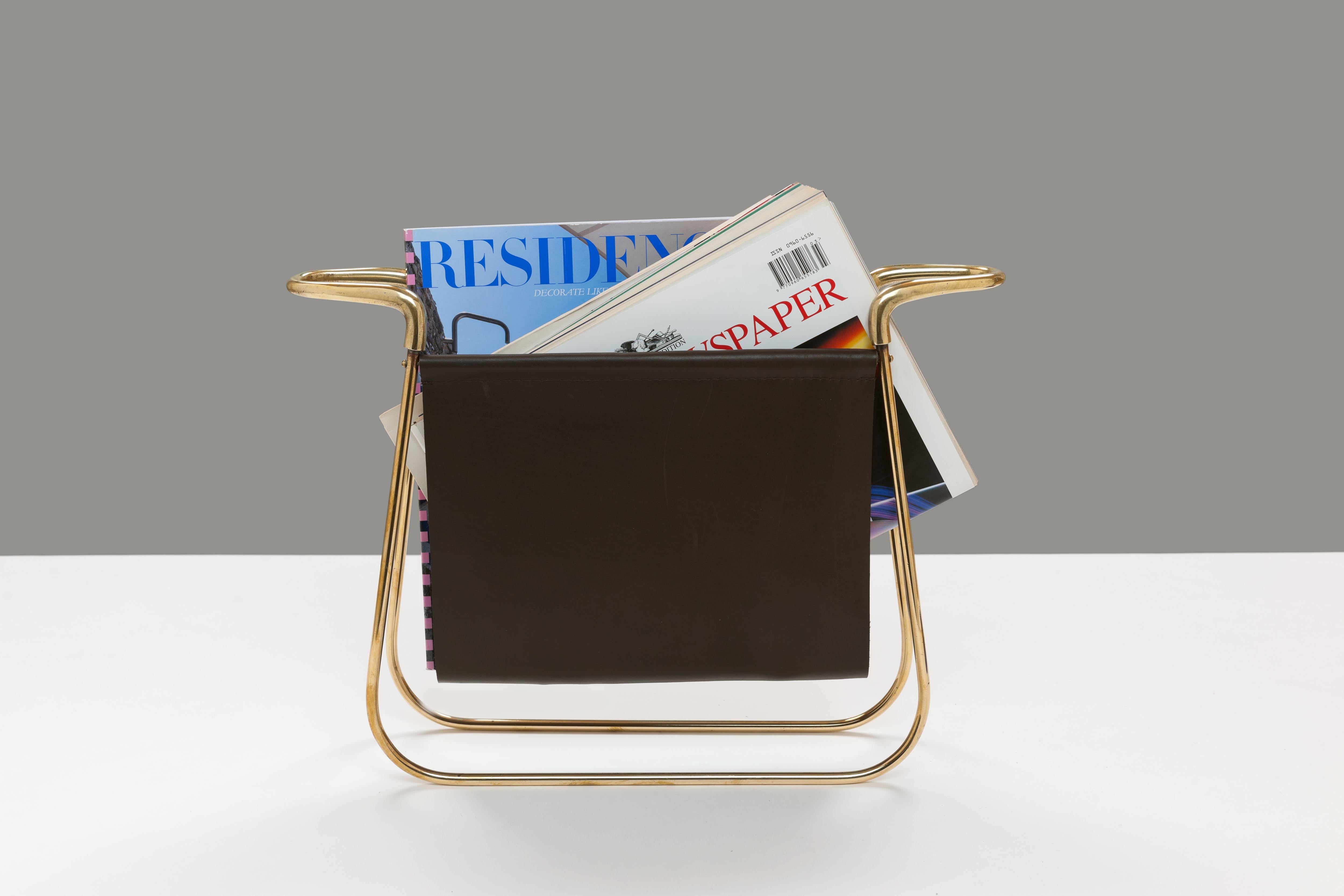 Mid-Century Modern Rare Model 3608 Brass & Leather Magazine Stand by Carl Aubock, Austria  For Sale