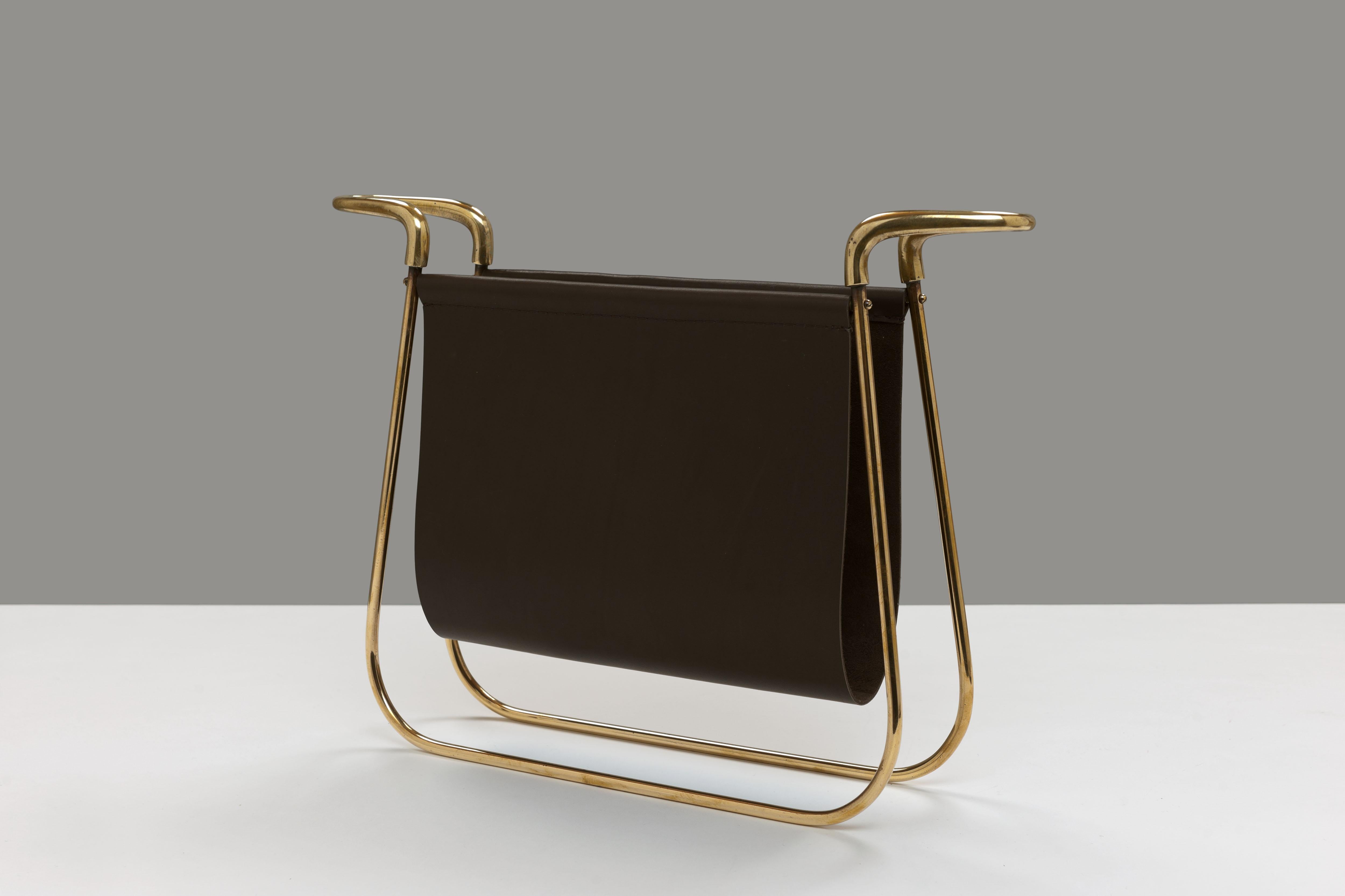 Mid-20th Century Rare Model 3608 Brass & Leather Magazine Stand by Carl Aubock, Austria  For Sale