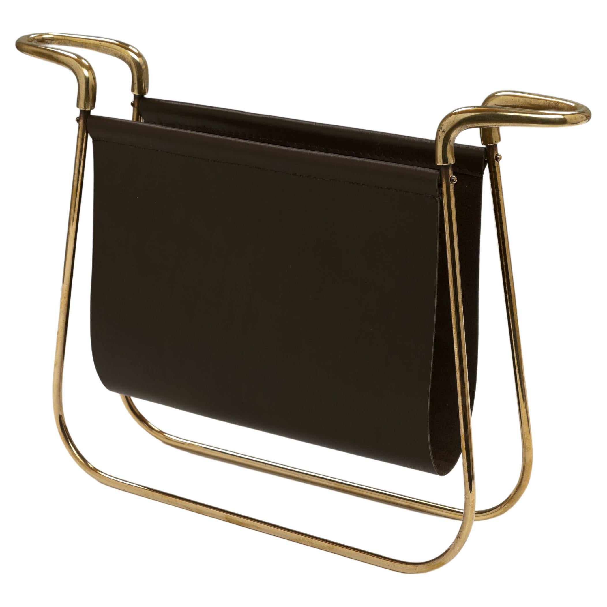 Rare Model 3608 Brass & Leather Magazine Stand by Carl Aubock, Austria For Sale