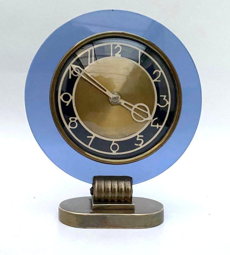 English Rare Model Modernist Art Deco Blue Mirror Clock, Circa 1935 For Sale
