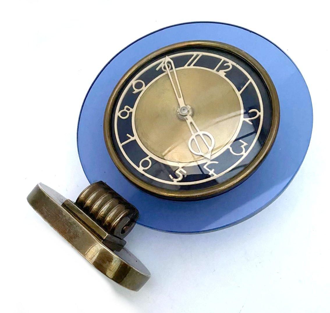 Glass Rare Model Modernist Art Deco Blue Mirror Clock, Circa 1935 For Sale