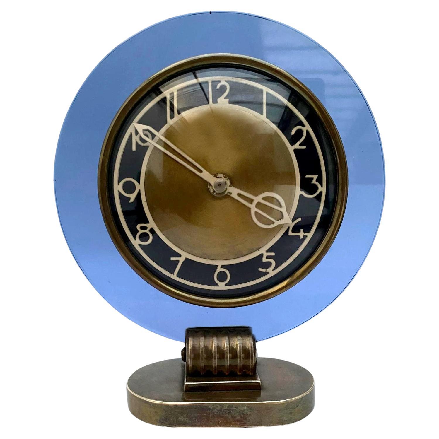 Rare Model Modernist Art Deco Blue Mirror Clock, Circa 1935 For Sale