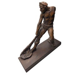 Rare Modern Fisherman w/ Net Large Plaster Sculpture on Wood Base By Kimro 1969