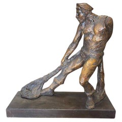 Rare Modern Fisherman w/ Net Large Plaster Sculpture on Wood Base By Kimro 1969