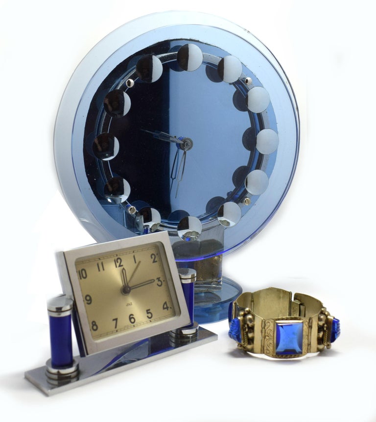 Art Deco Rare Modernist Blue Mirror Clock, c1930 For Sale 8
