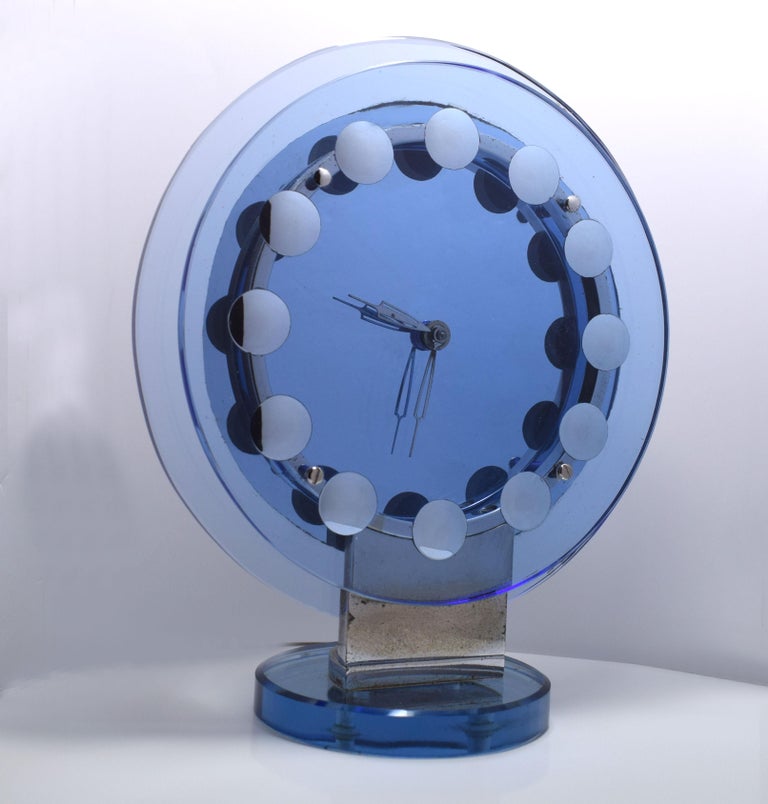 Glass Art Deco Rare Modernist Blue Mirror Clock, c1930 For Sale