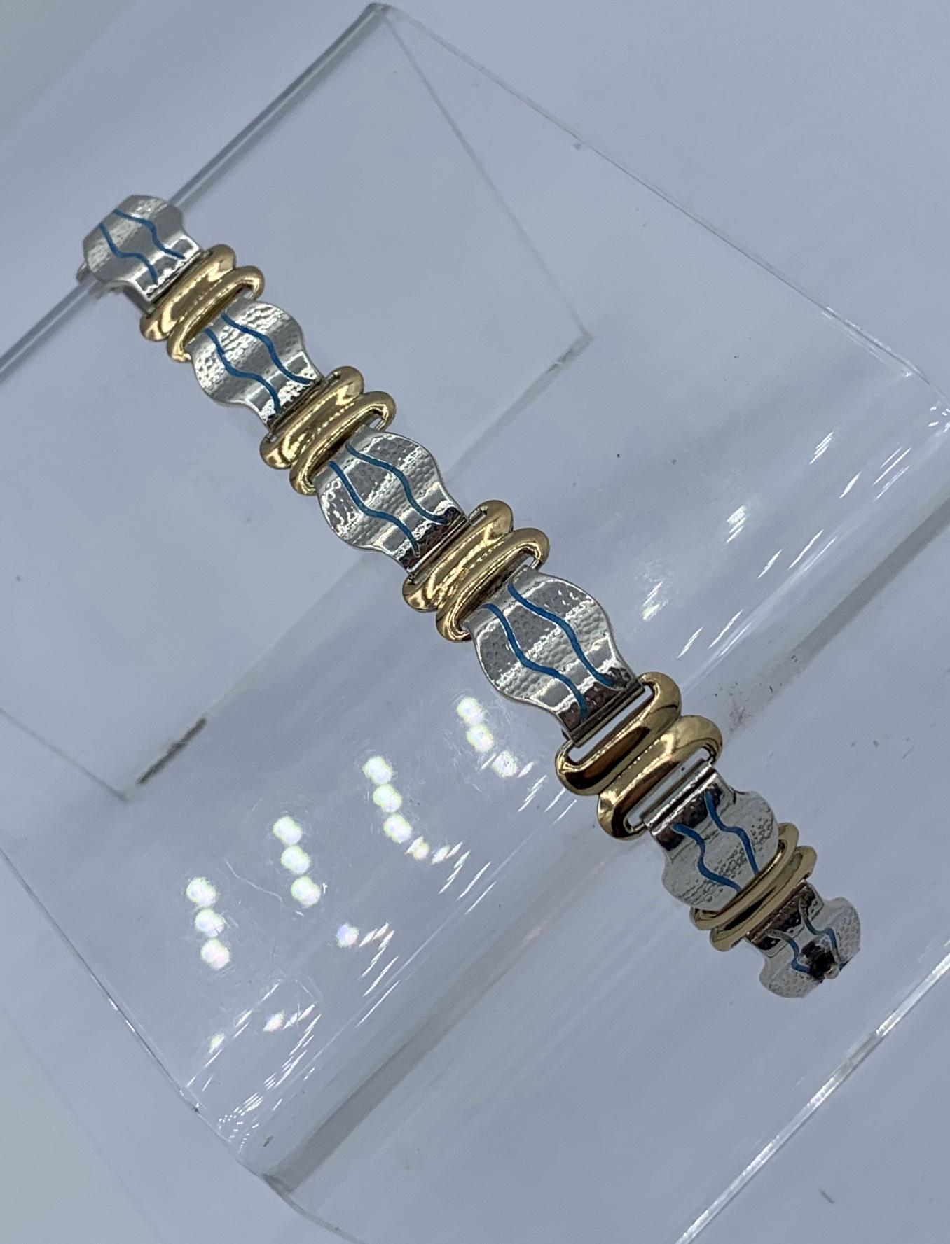 Women's or Men's Rare Modernist Art Nouveau Bracelet Blue Enamel Silver 14 Karat Gold Barcelona For Sale