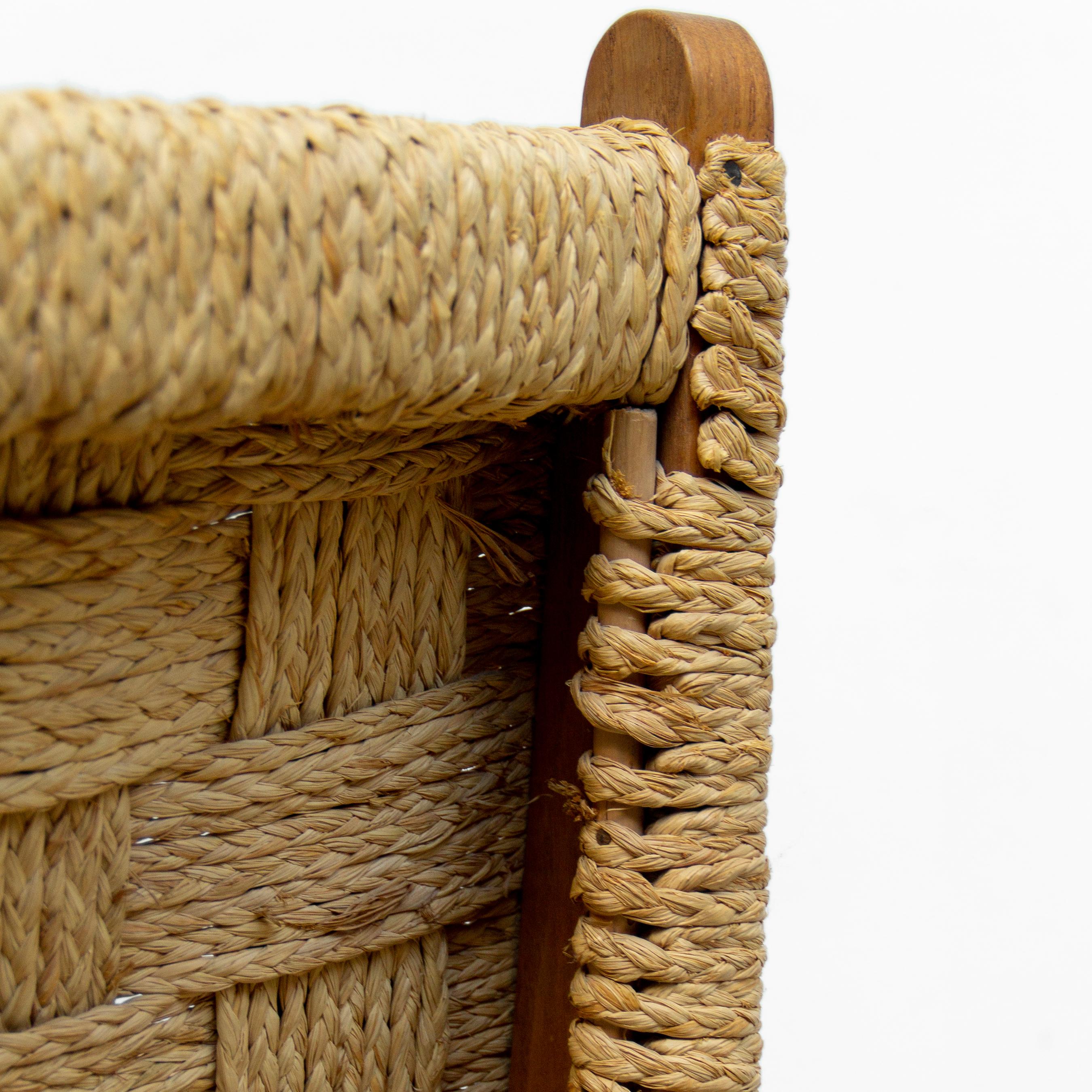 Brutalist Rare Modernist Bold Oakwood Lounge Chair and Handcrafted Raffia Woven Seating