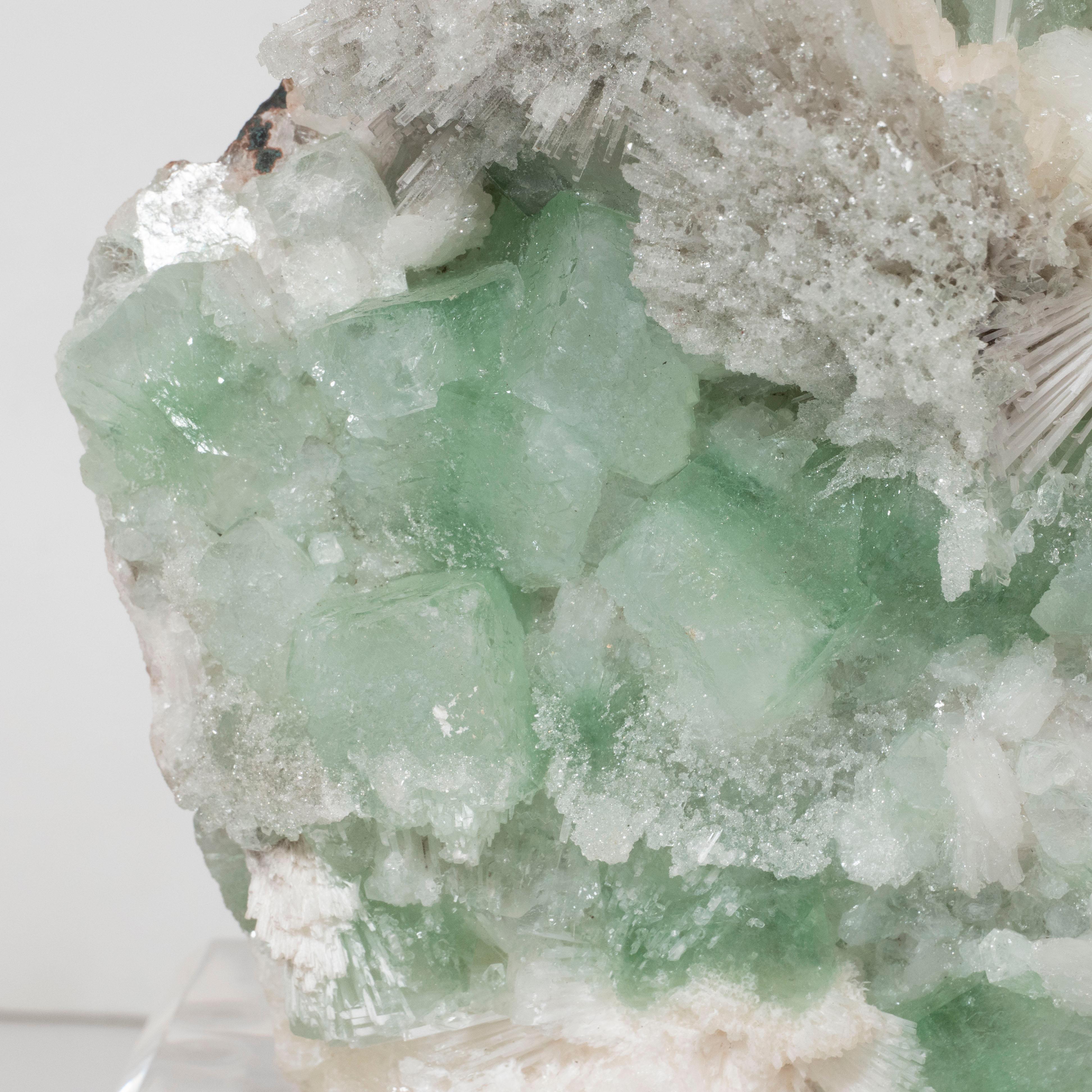 Brazilian Rare Modernist Green Apophylite & Scolocite Rock Crystal Specimen on Lucite Base