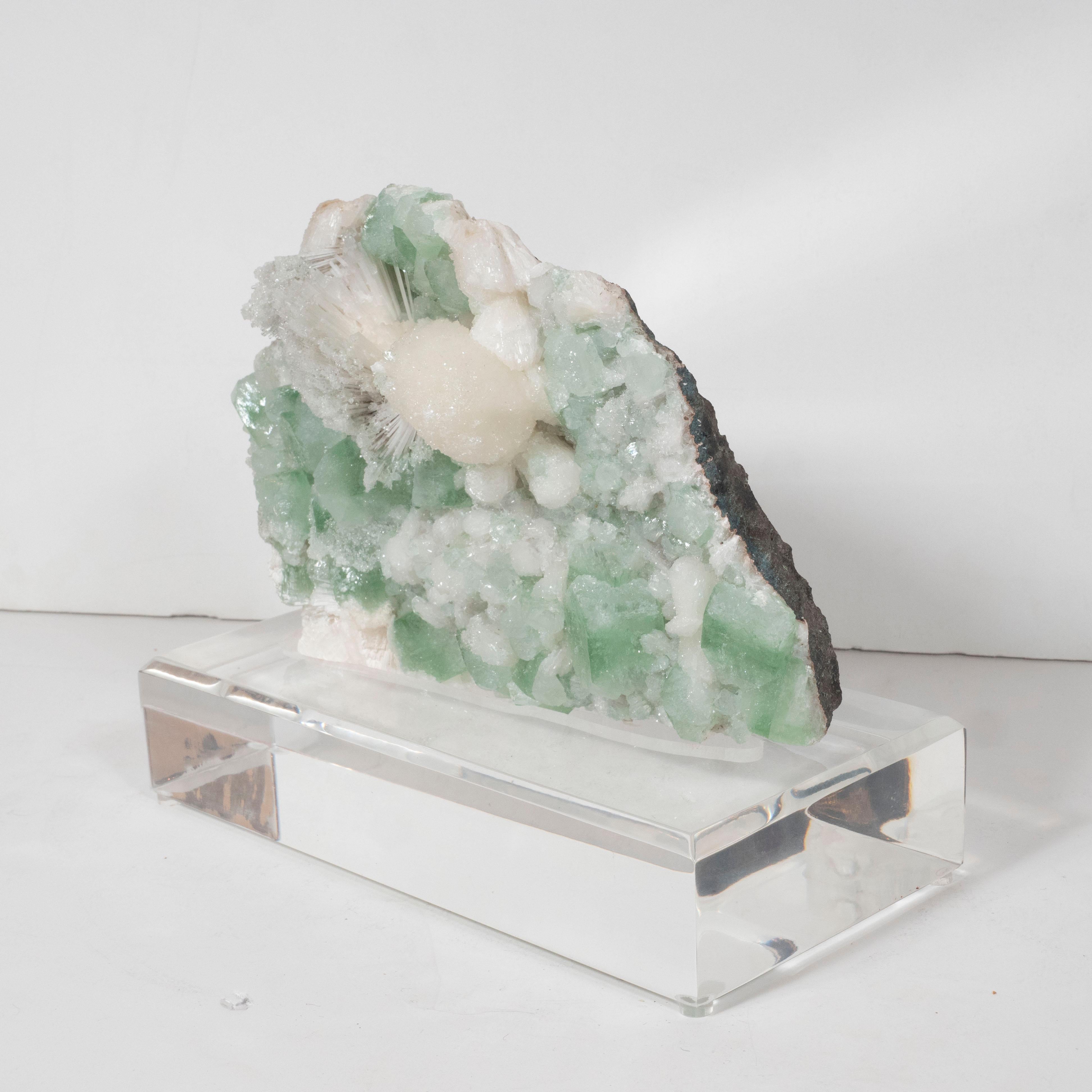 20th Century Rare Modernist Green Apophylite & Scolocite Rock Crystal Specimen on Lucite Base