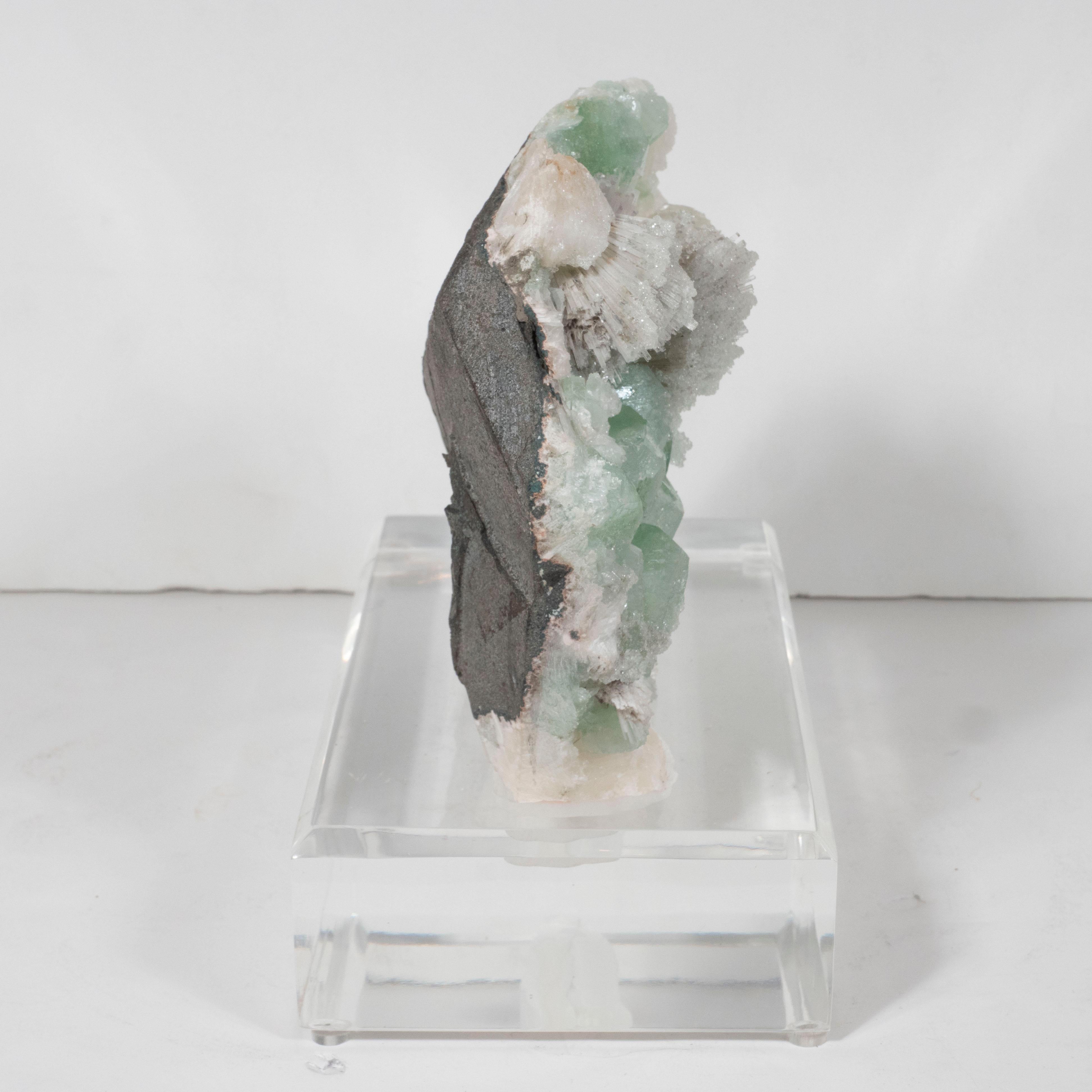Rare Modernist Green Apophylite & Scolocite Rock Crystal Specimen on Lucite Base 1