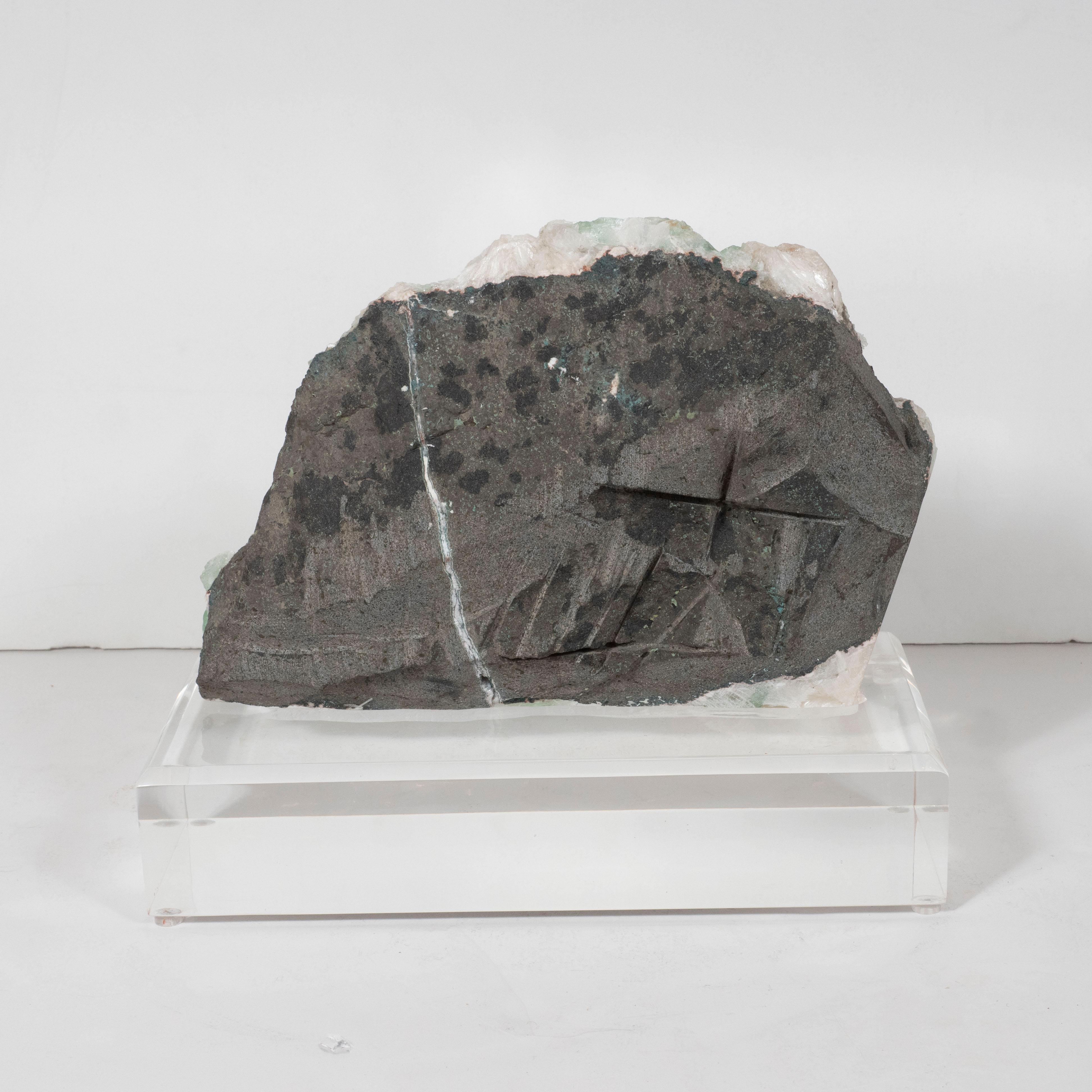 Rare Modernist Green Apophylite & Scolocite Rock Crystal Specimen on Lucite Base 2
