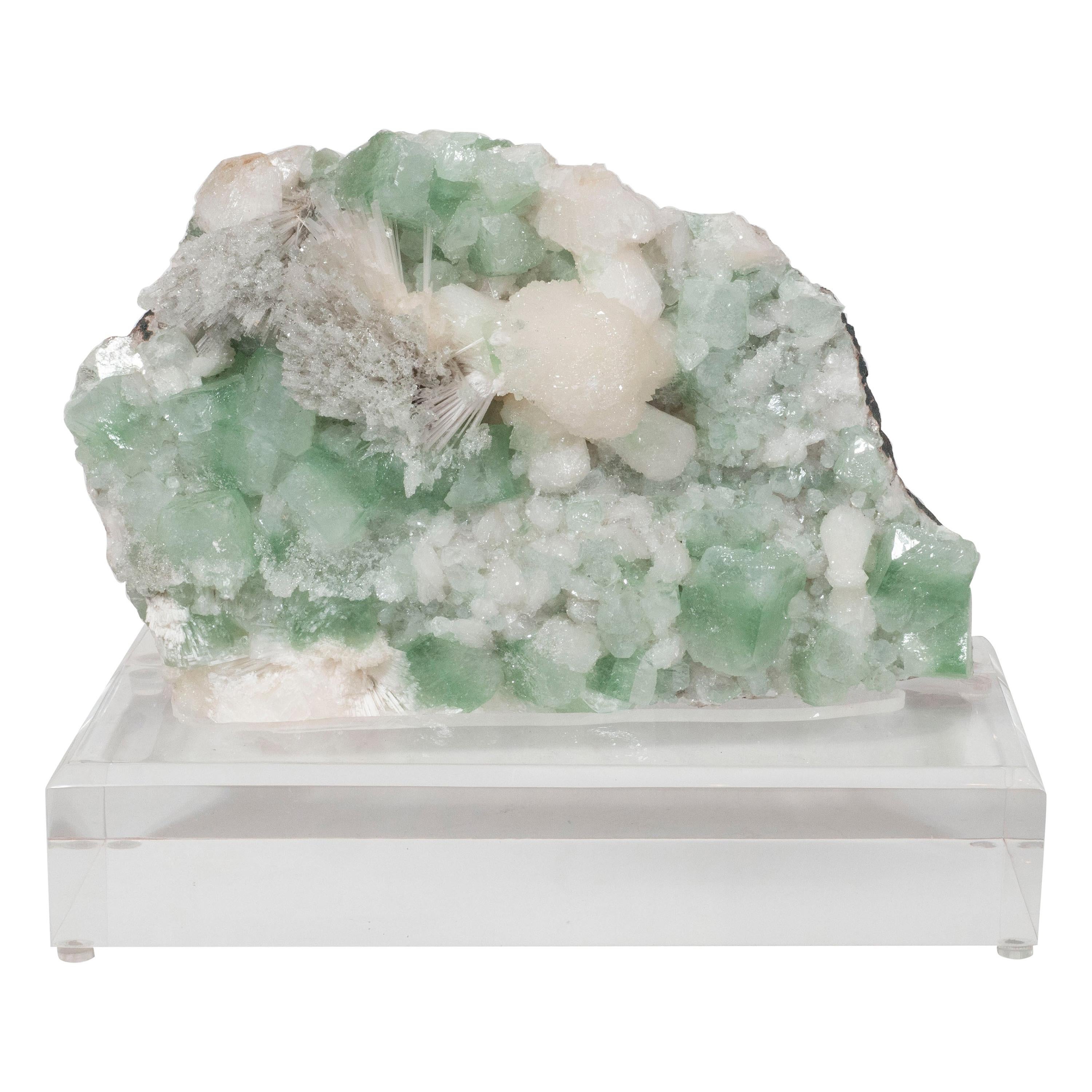 Rare Modernist Green Apophylite & Scolocite Rock Crystal Specimen on Lucite Base