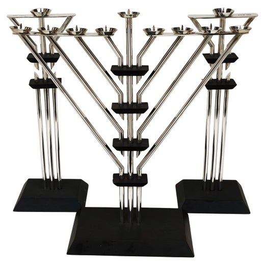Rare Modernist Sterling Silver & Slate Menorah and Shabbat Candlestick Set 1986