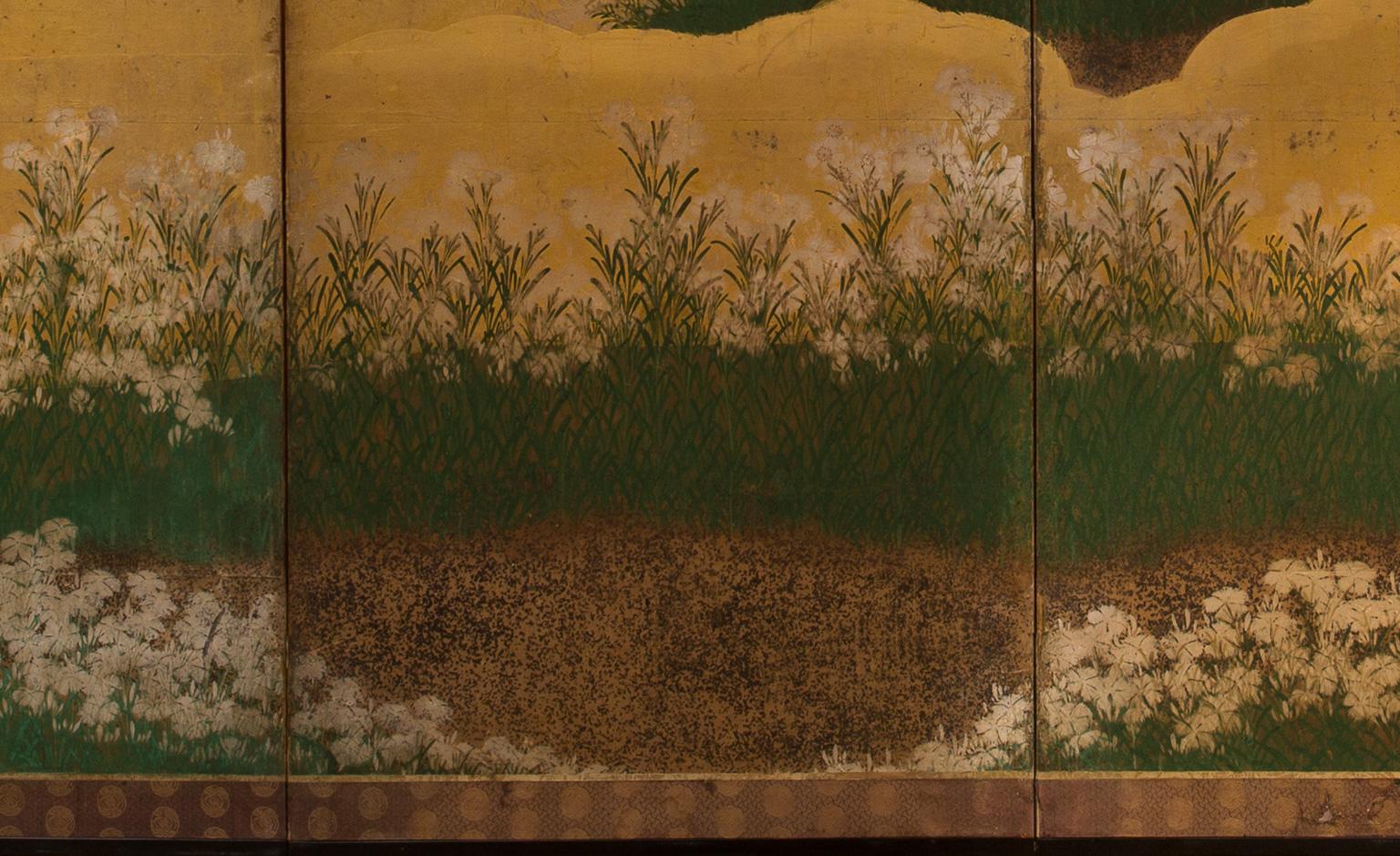 Painted Rare Momoyama Period Japanese Folding Screen with a Field of Pinks, 17th Century