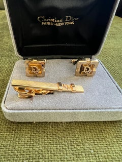 Rare Monsiuer Vintage Christian Dior Gold Plate Cufflinks & Tie Clip In Original