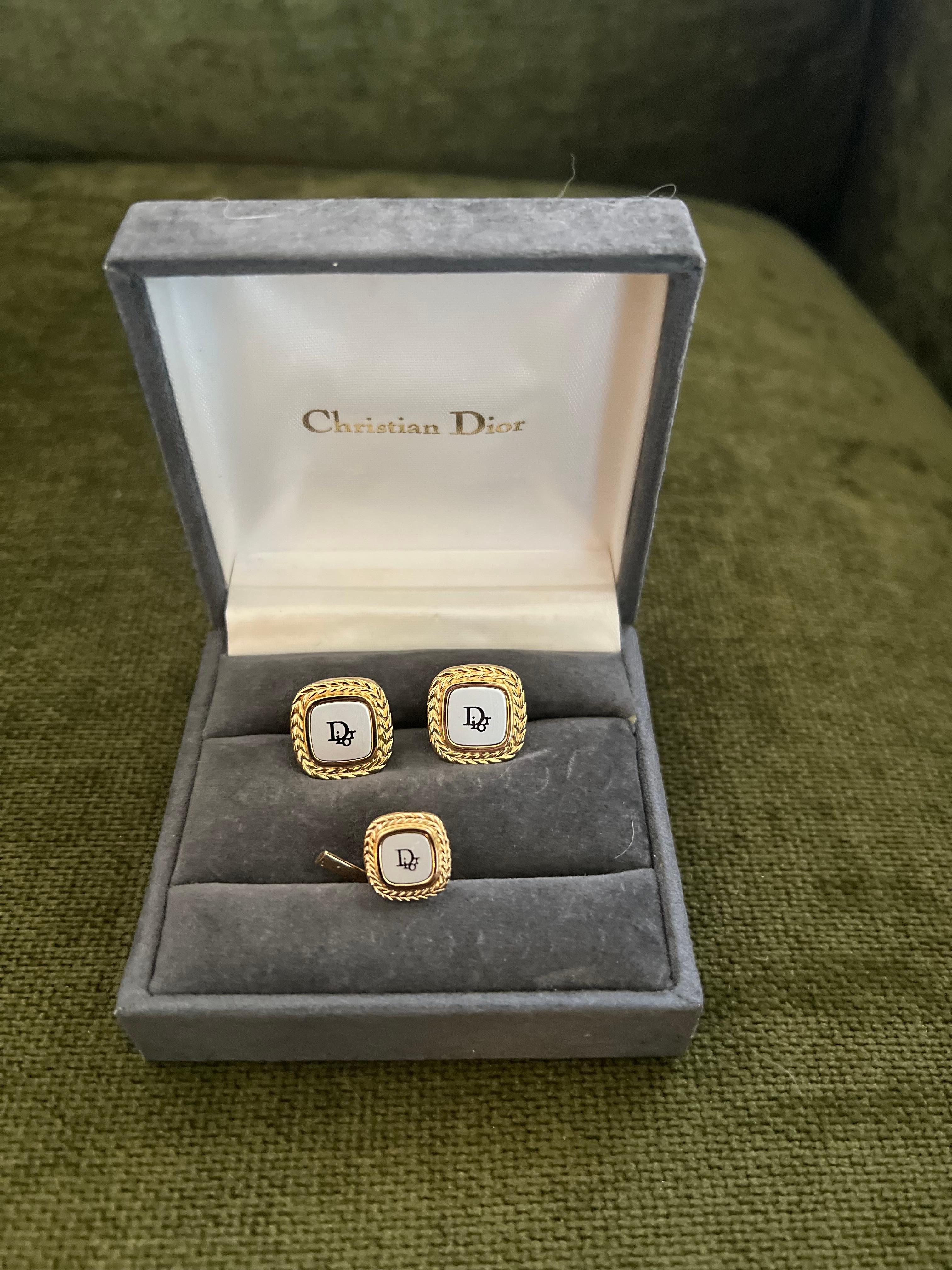 Rare Monsiuer Vintage Christian Dior Gold Plate Cufflinks & Tie Clip In Original For Sale 4