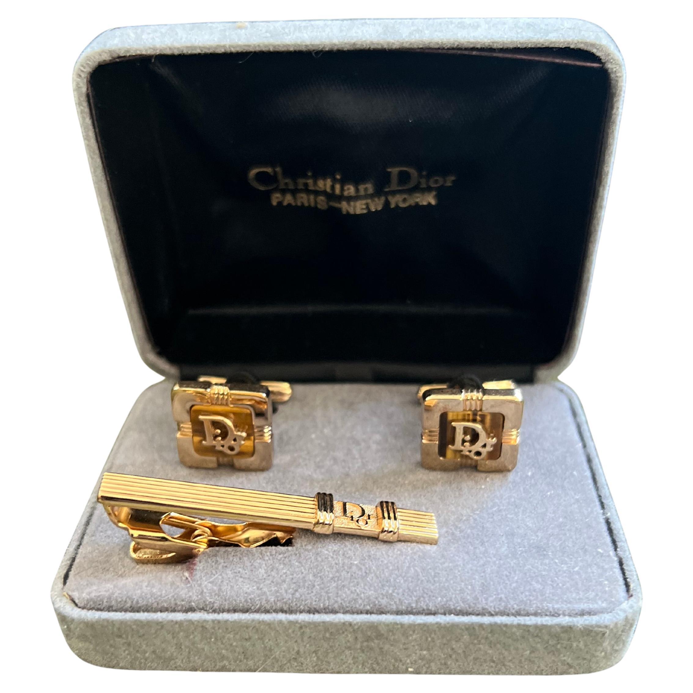 Rare Monsiuer Vintage Christian Dior Boutons de manchette et pince à cravate vintage en plaqué or