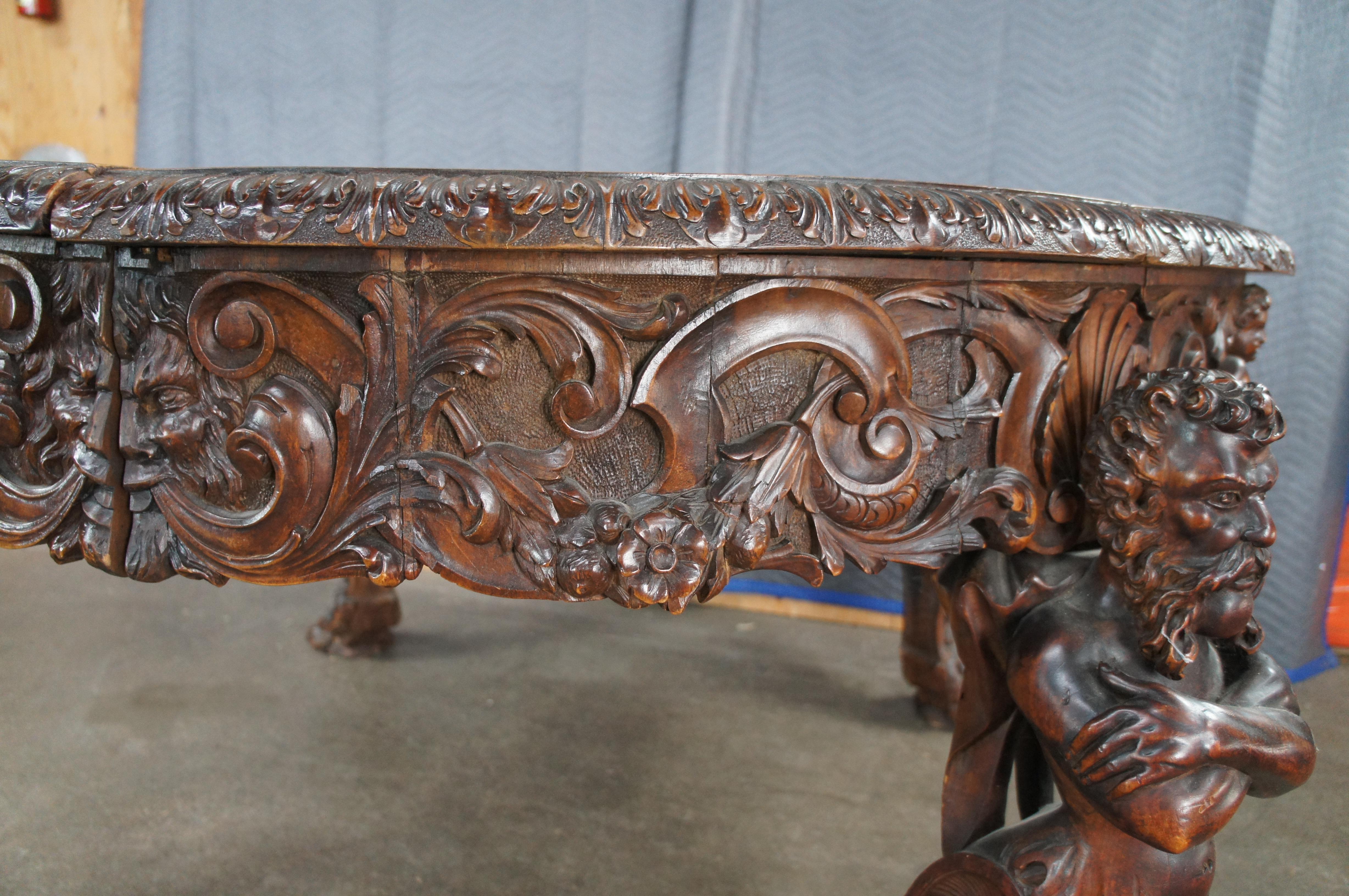 Rare Monumental Antique Italian Renaissance Figural Mahogany Dining Table 125