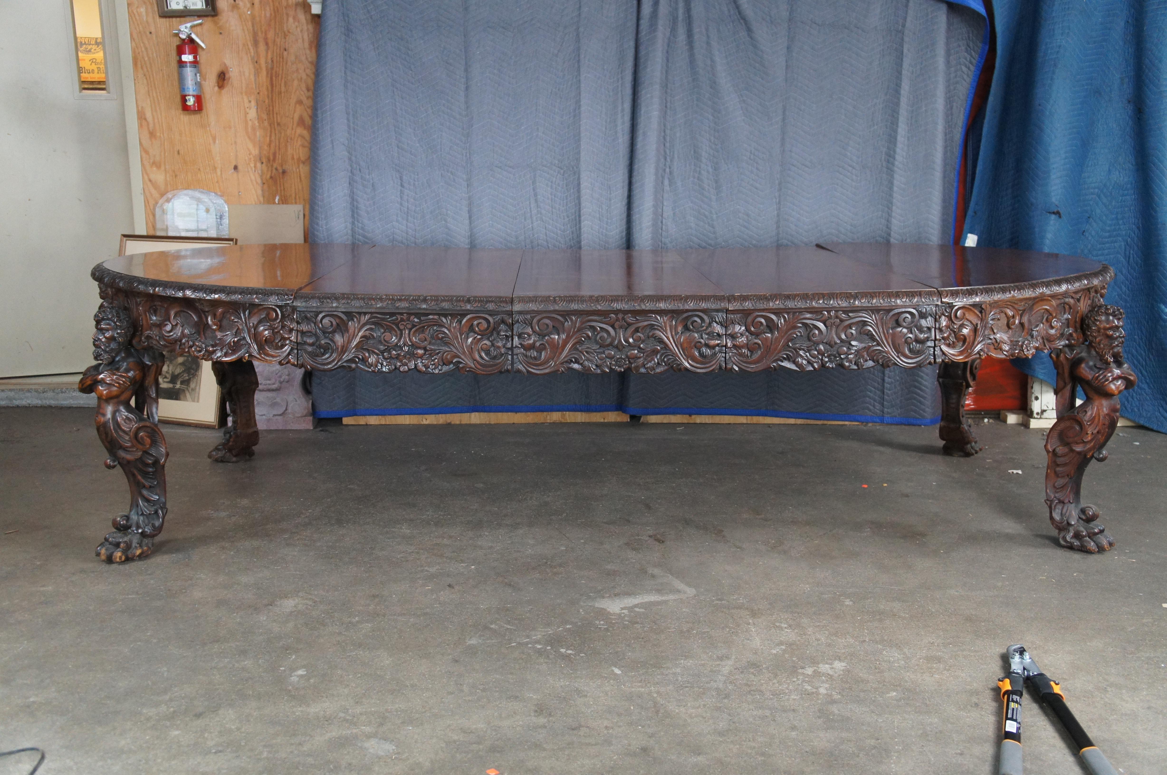 Rare Monumental Antique Italian Renaissance Figural Mahogany Dining Table 125