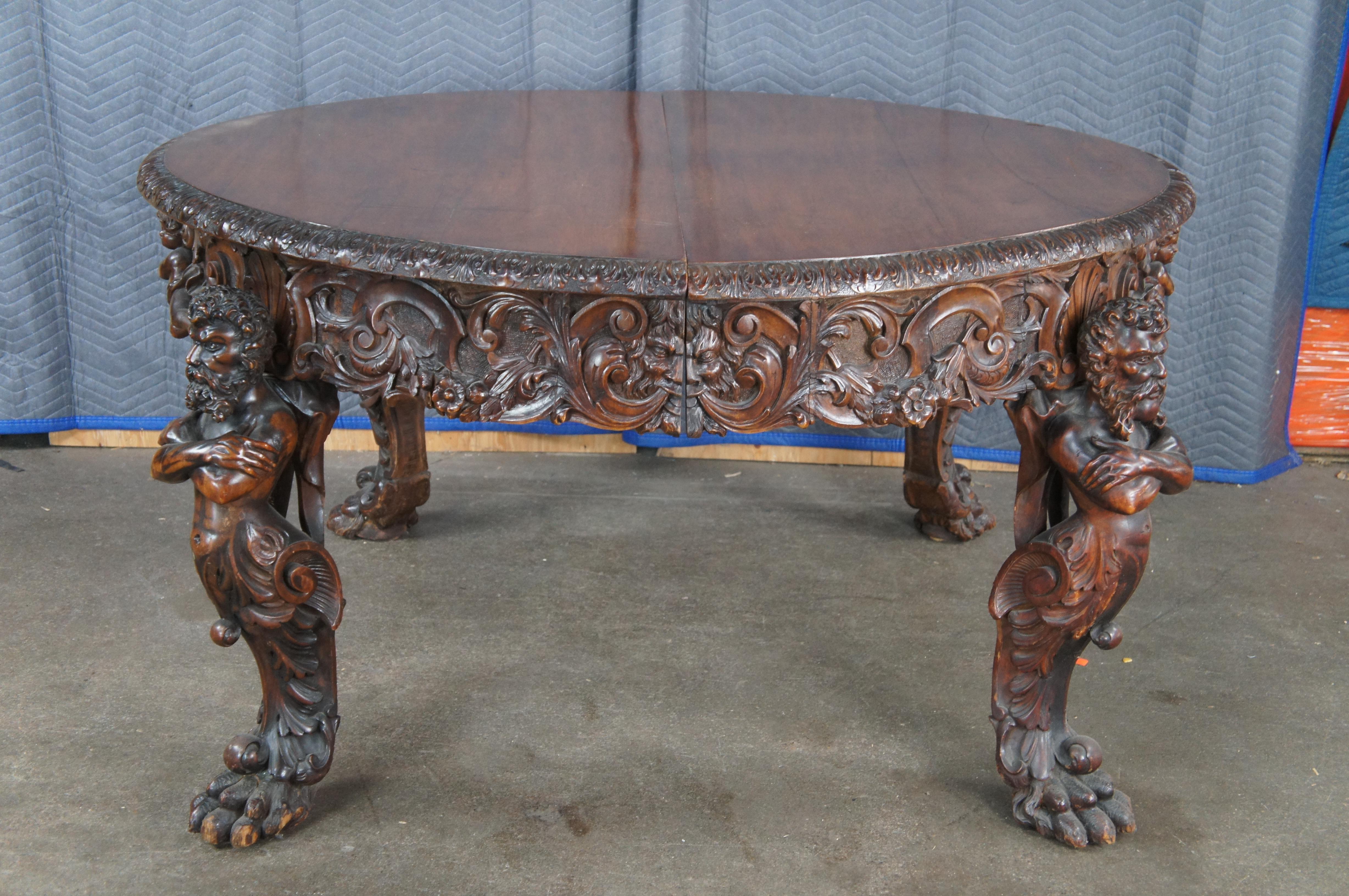 Rare Monumental Antique Italian Renaissance Figural Mahogany Dining Table 125