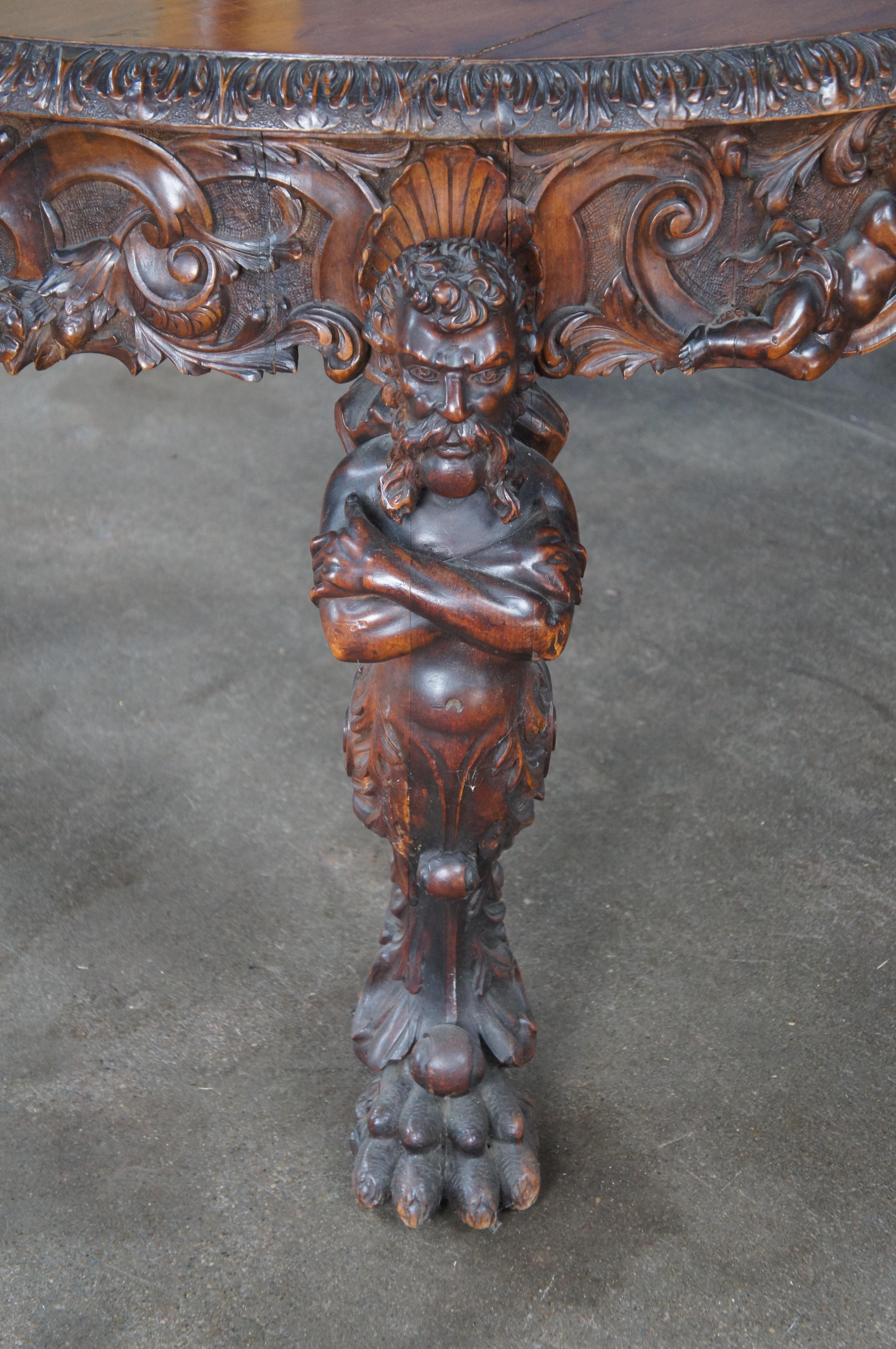 Rare Monumental Antique Italian Renaissance Figural Mahogany Dining Table 125