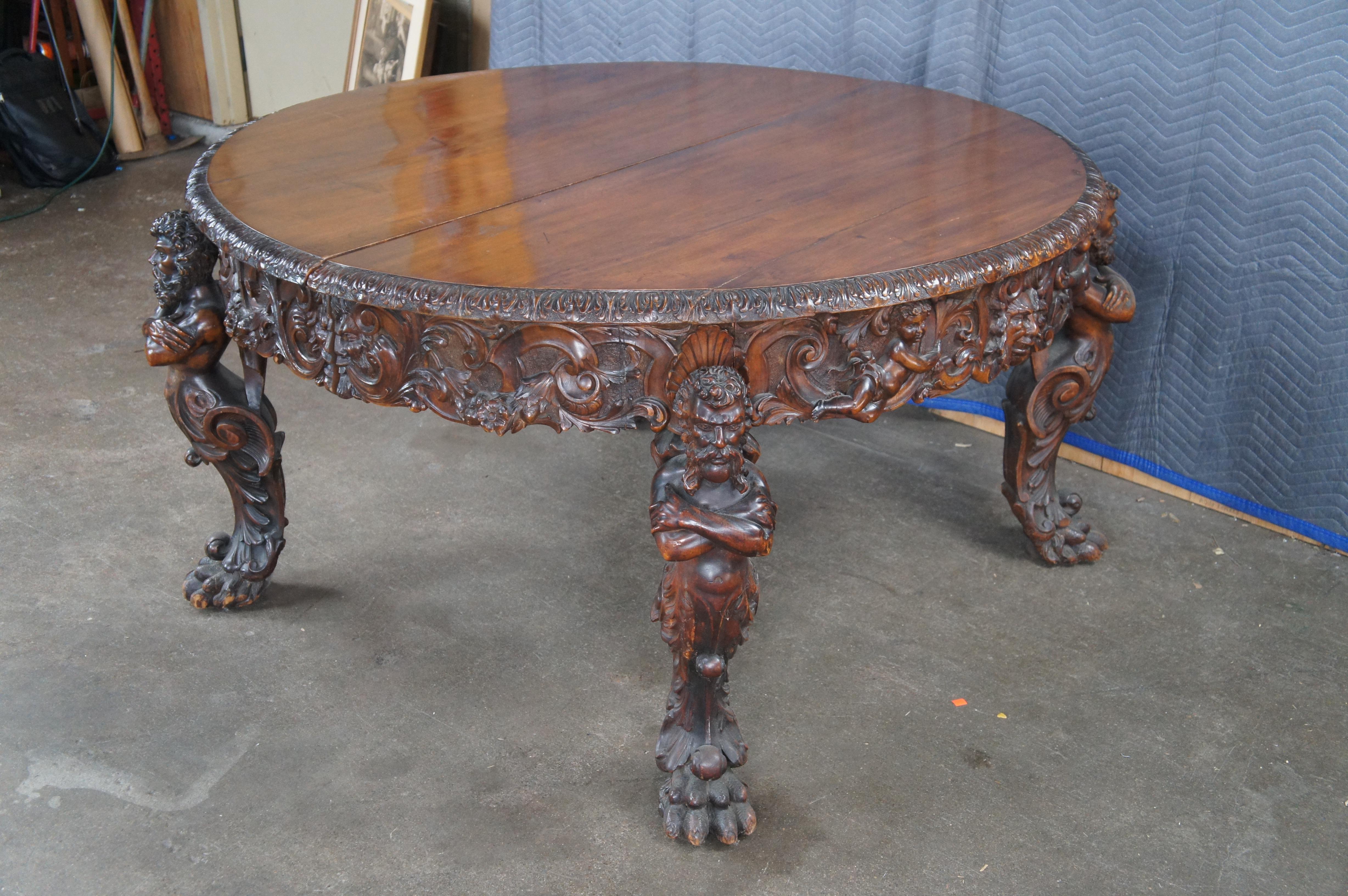 Rare Monumental Antique Italian Renaissance Figural Mahogany Dining Table 125