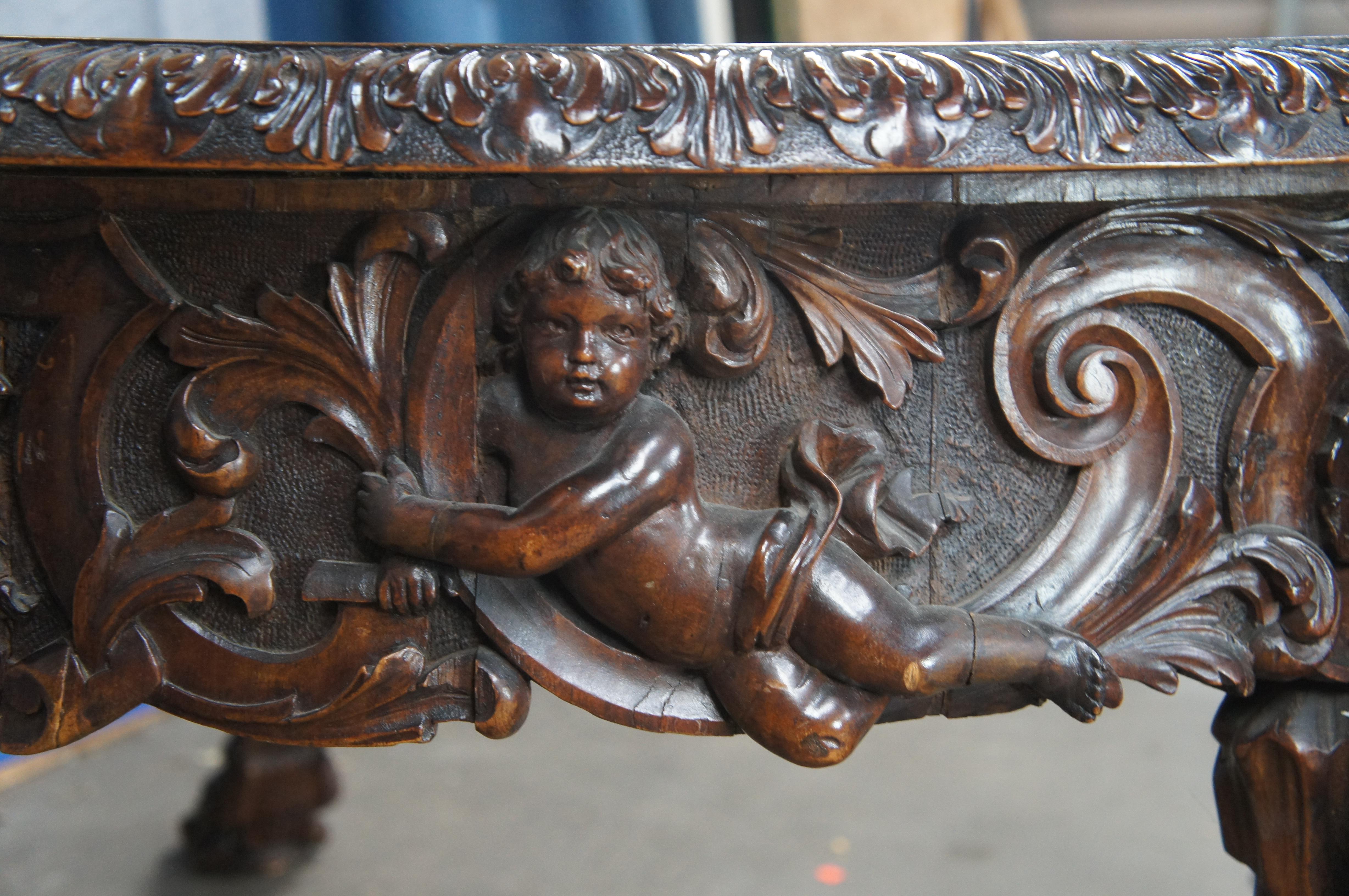 Rare Monumental Antique Italian Renaissance Figural Mahogany Dining Table 125