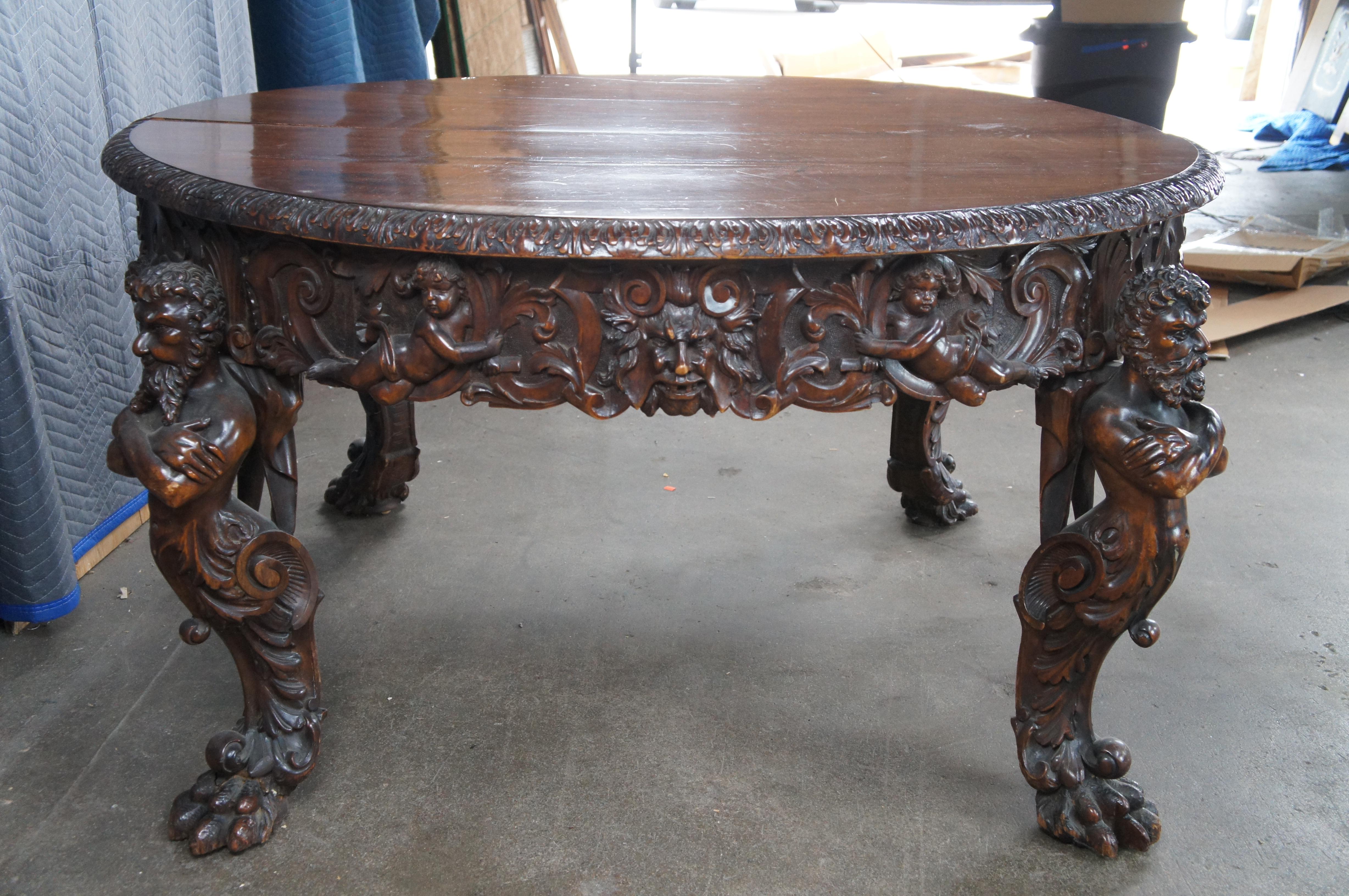 Rare Monumental Antique Italian Renaissance Figural Mahogany Dining Table 125
