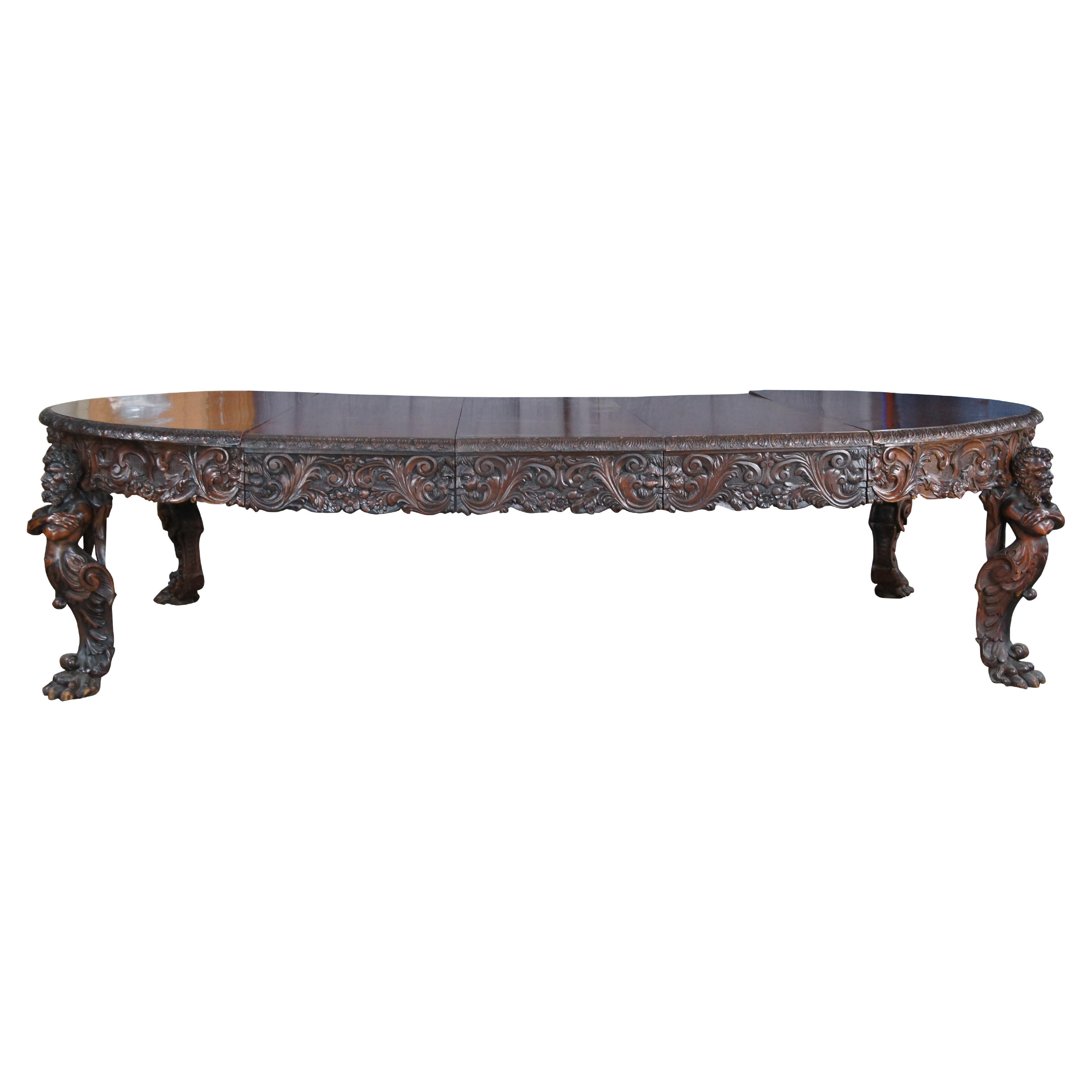 Rare Monumental Antique Italian Renaissance Figural Mahogany Dining Table 125"