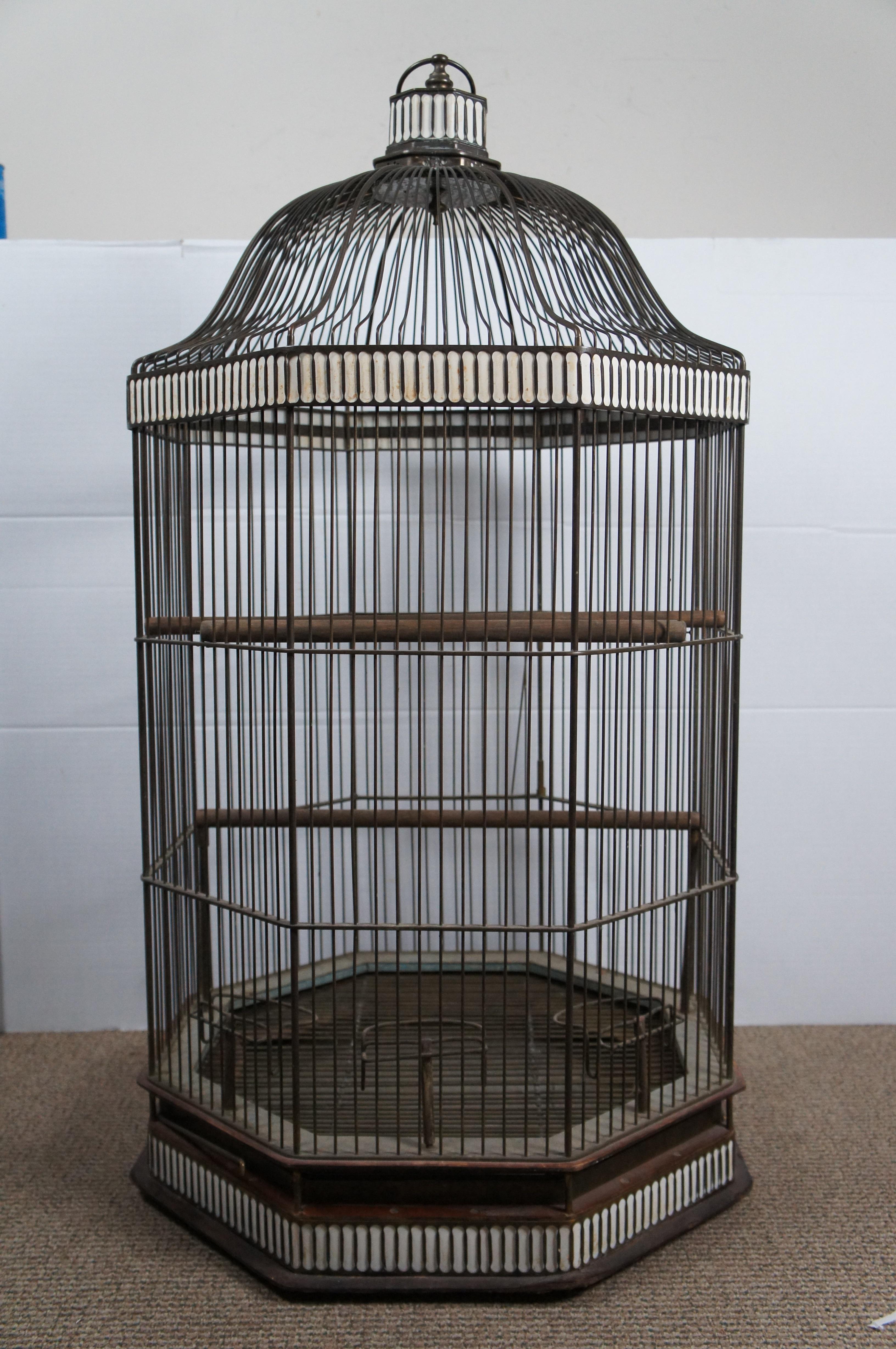 Rare Monumental Antique Victorian Brass Octagonal Hanging Dome Top Bird Cage 40