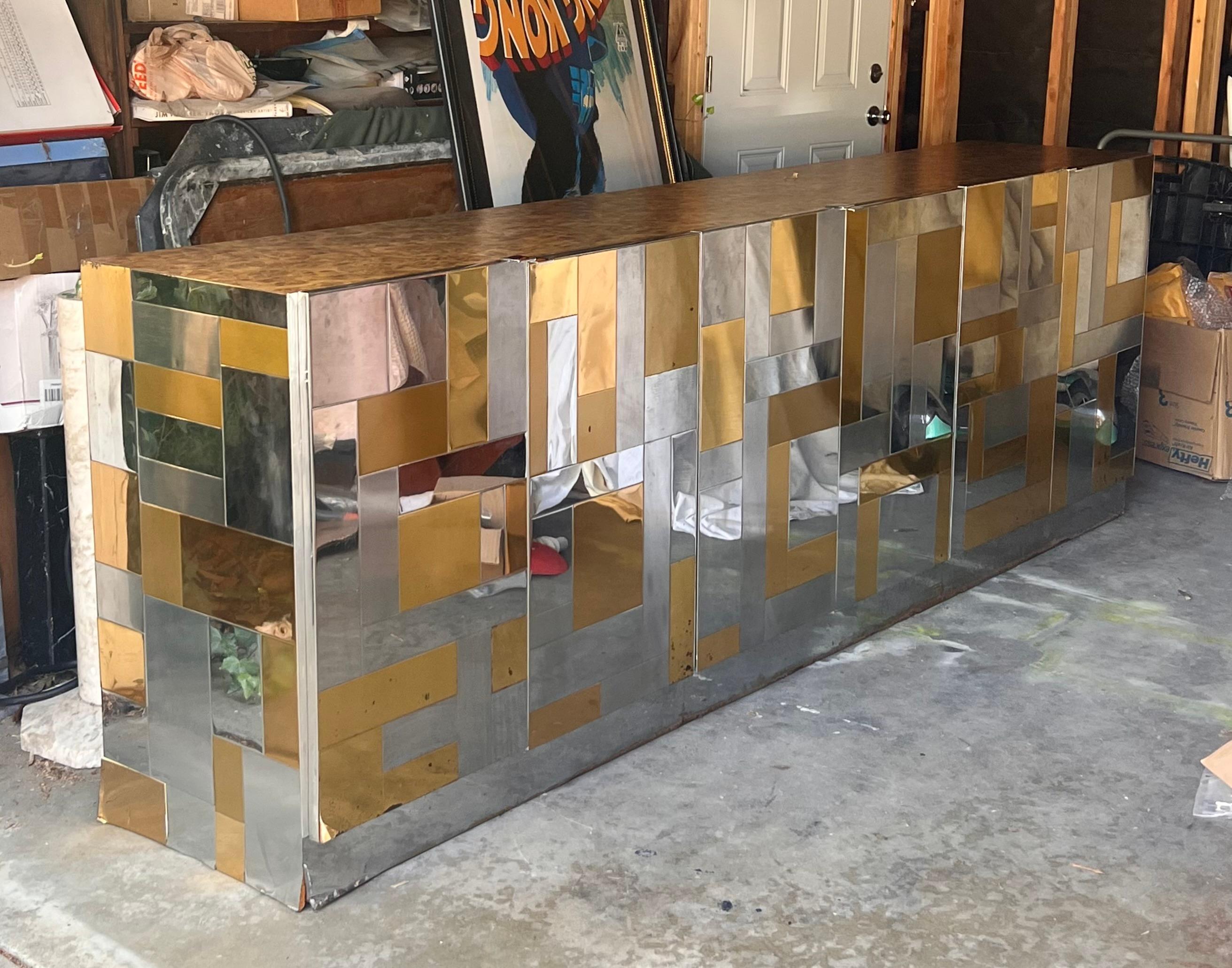 Post-Modern Rare monumental Cityscape credenza with burl top attr. Paul Evans, circa 1975