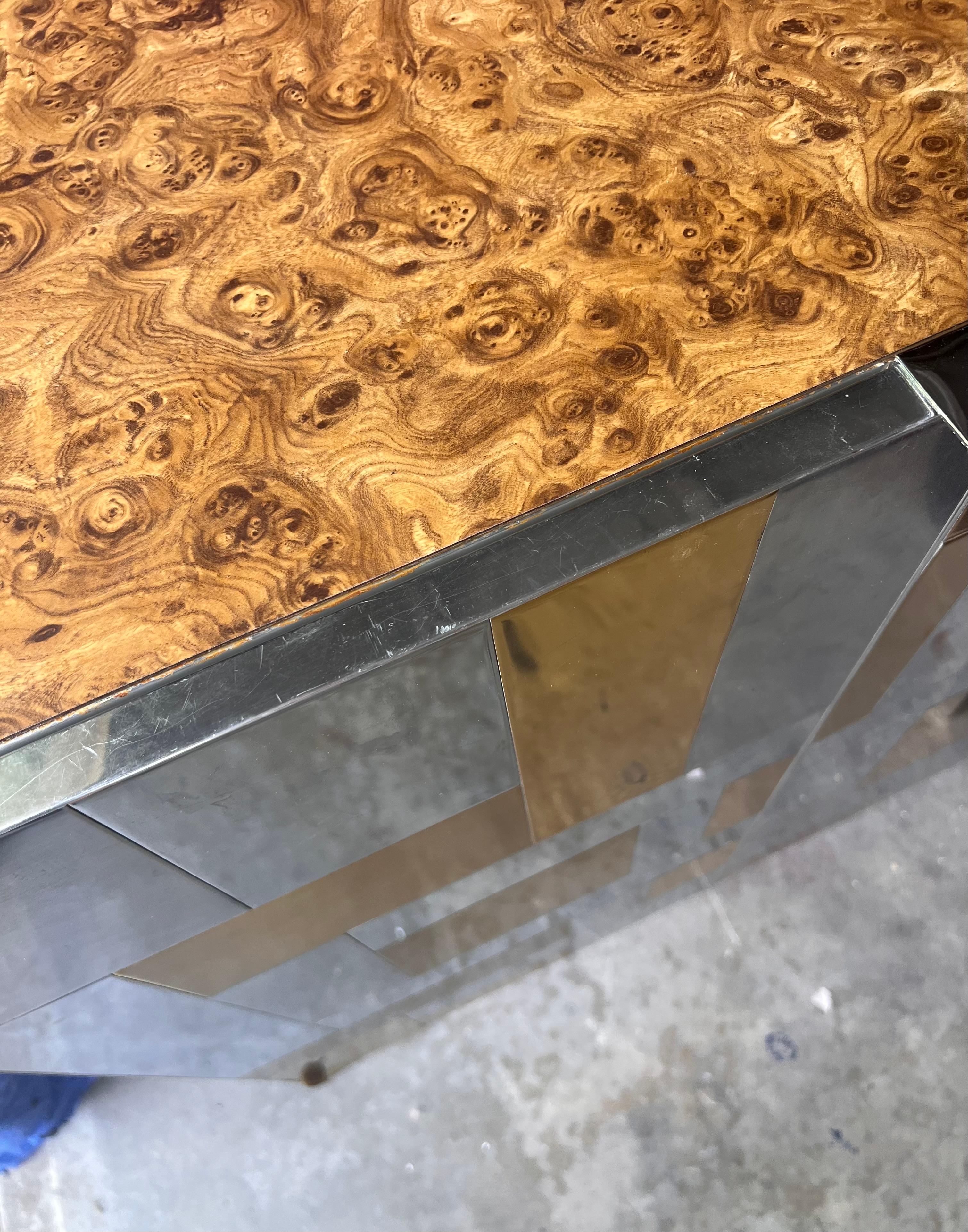 American Rare monumental Cityscape credenza with burl top attr. Paul Evans, circa 1975