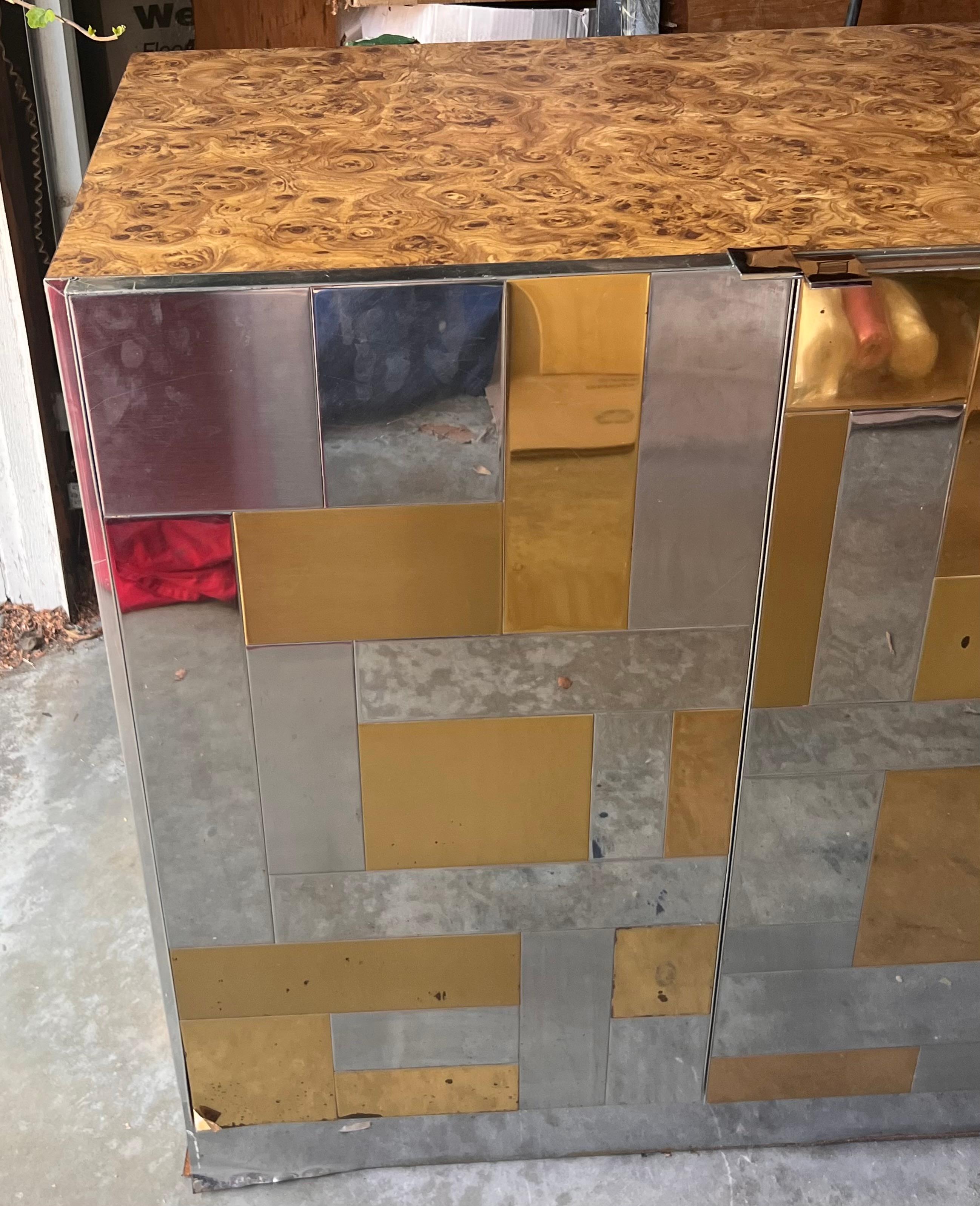 Metal Rare monumental Cityscape credenza with burl top attr. Paul Evans, circa 1975